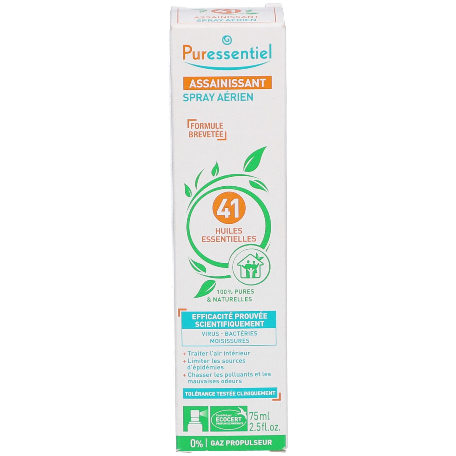 Kartonverpackung. Weiß mit orangefarbenem Etikett. 41 ätherische Öle. ECOCERT-Logo. Text.