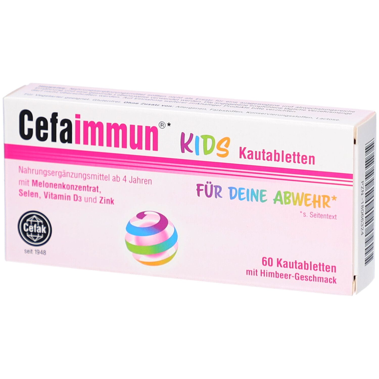 Cefaimmun KIDS-Packung. Nahrungsergänzungsmittel für Kinder ab 4 Jahren. Enthält Melonenkonzentrat, Selen, Vitamin D3 und Zink. 60 Kautabletten.