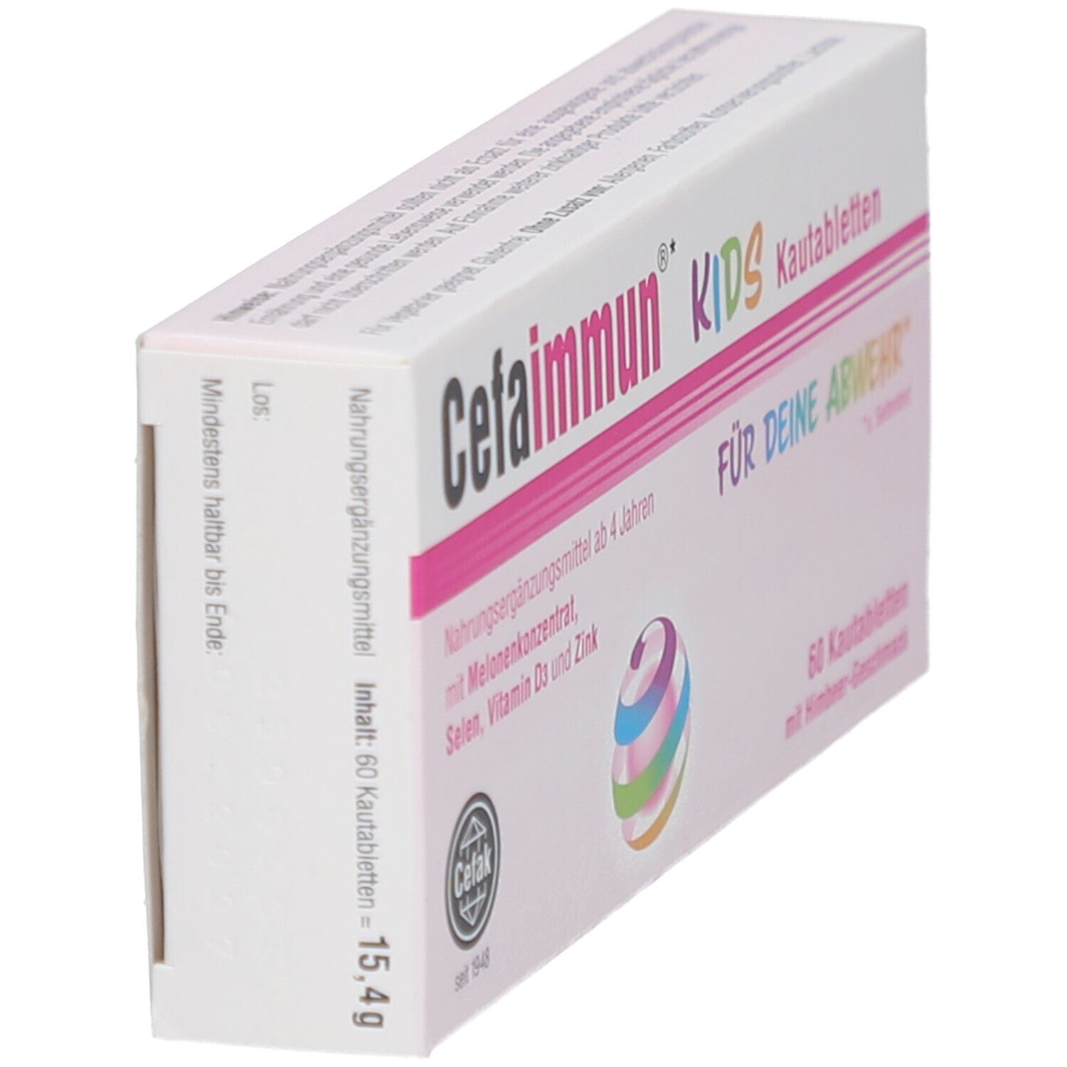 Cefaimmun KIDS-Packung, schräg. Nahrungsergänzungsmittel für Kinder. Enthält Melonenkonzentrat, Selen, Vitamin D3 und Zink. 60 Kautabletten.