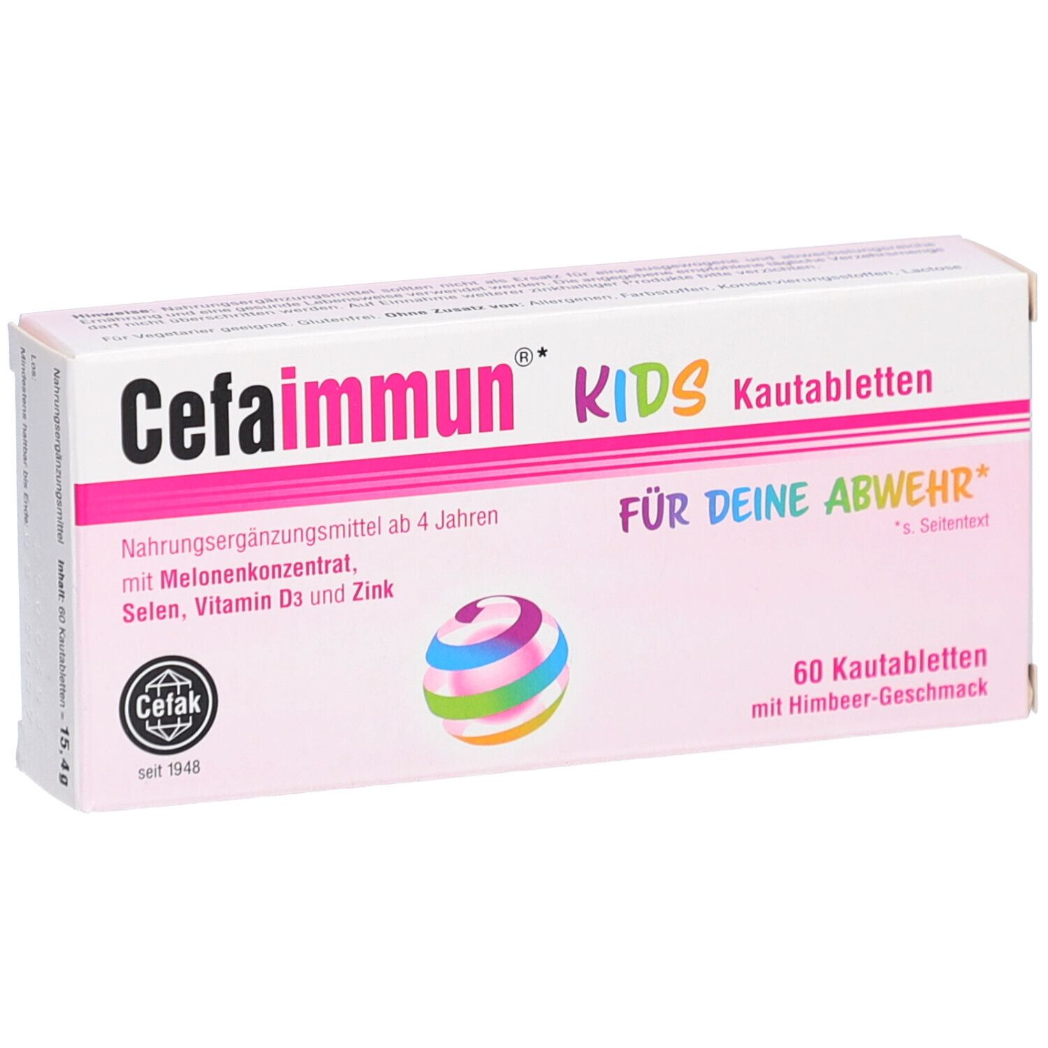 Cefaimmun KIDS-Packung. Nahrungsergänzungsmittel für Kinder ab 4 Jahren. Enthält Melonenkonzentrat, Selen, Vitamin D3 und Zink. 60 Kautabletten.