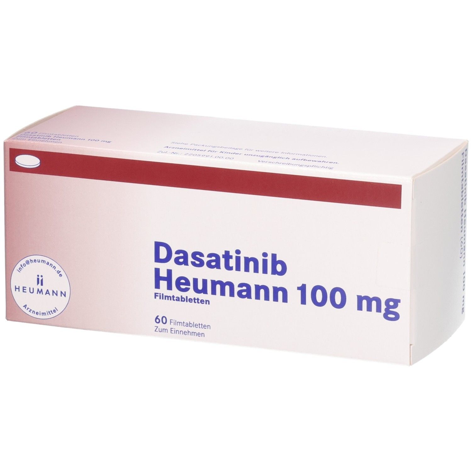 Packung von Dasatinib Heumann 100 mg Filmtabletten, 60 Stück.