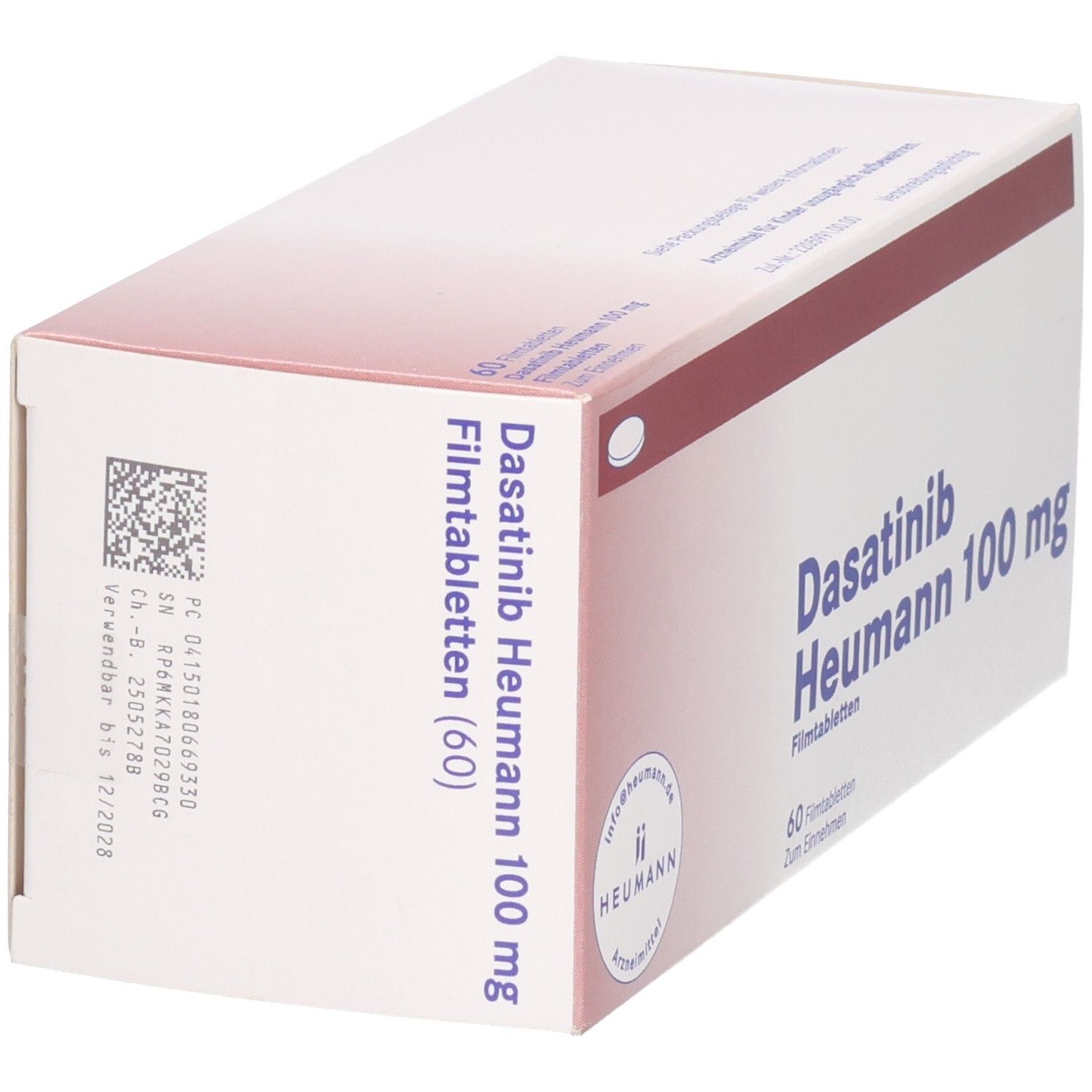 Seitenansicht der Packung von Dasatinib Heumann 100 mg Filmtabletten (60 Stück).
