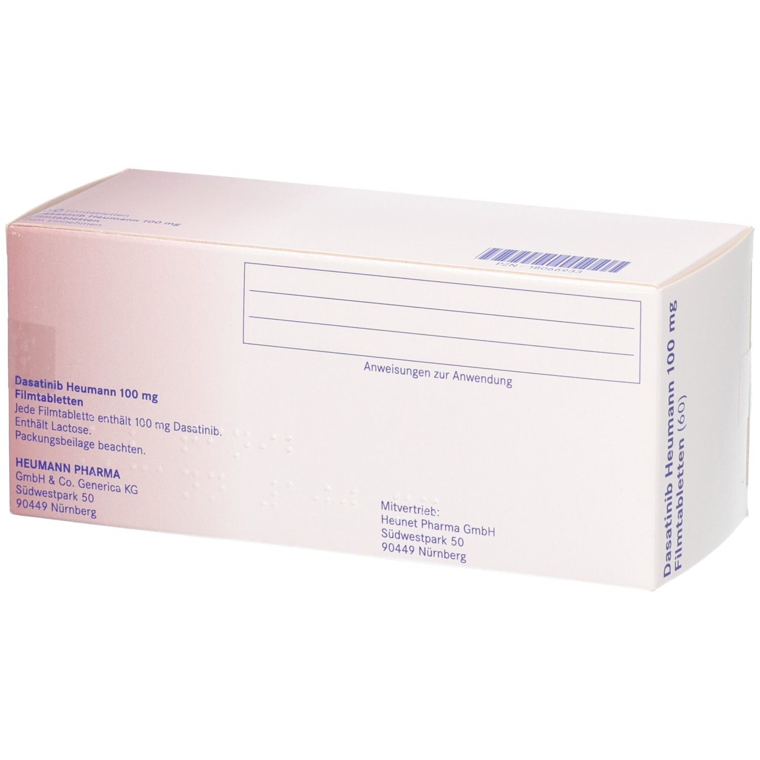 Rückseite der Packung von Dasatinib Heumann 100 mg Filmtabletten mit Anwendungshinweisen.