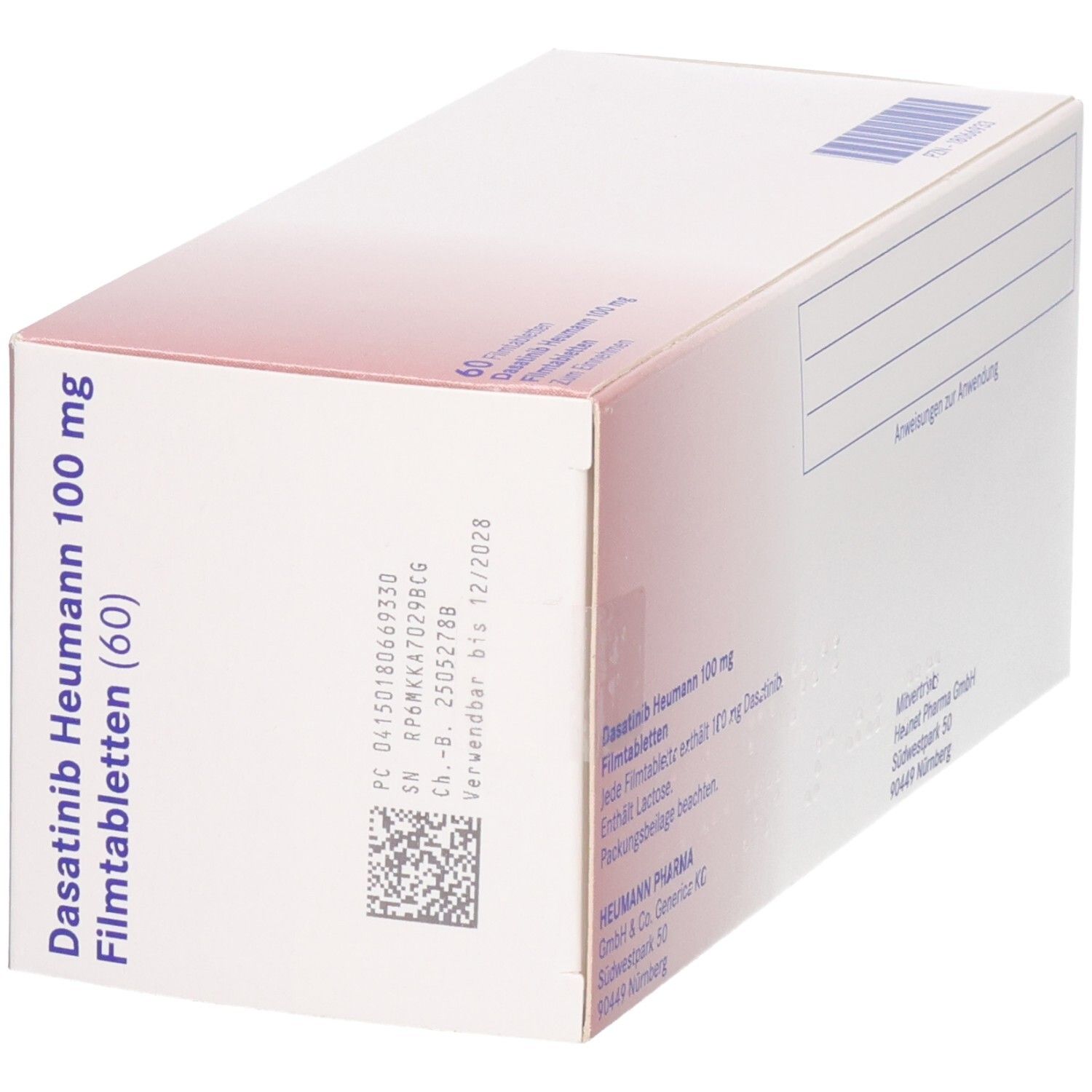Seitenansicht der Packung von Dasatinib Heumann 100 mg Filmtabletten (60 Stück) mit Barcode.