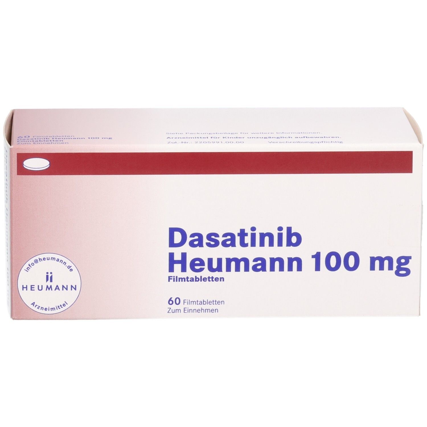 Packung von Dasatinib Heumann 100 mg Filmtabletten, 60 Stück, mit Heumann Logo.