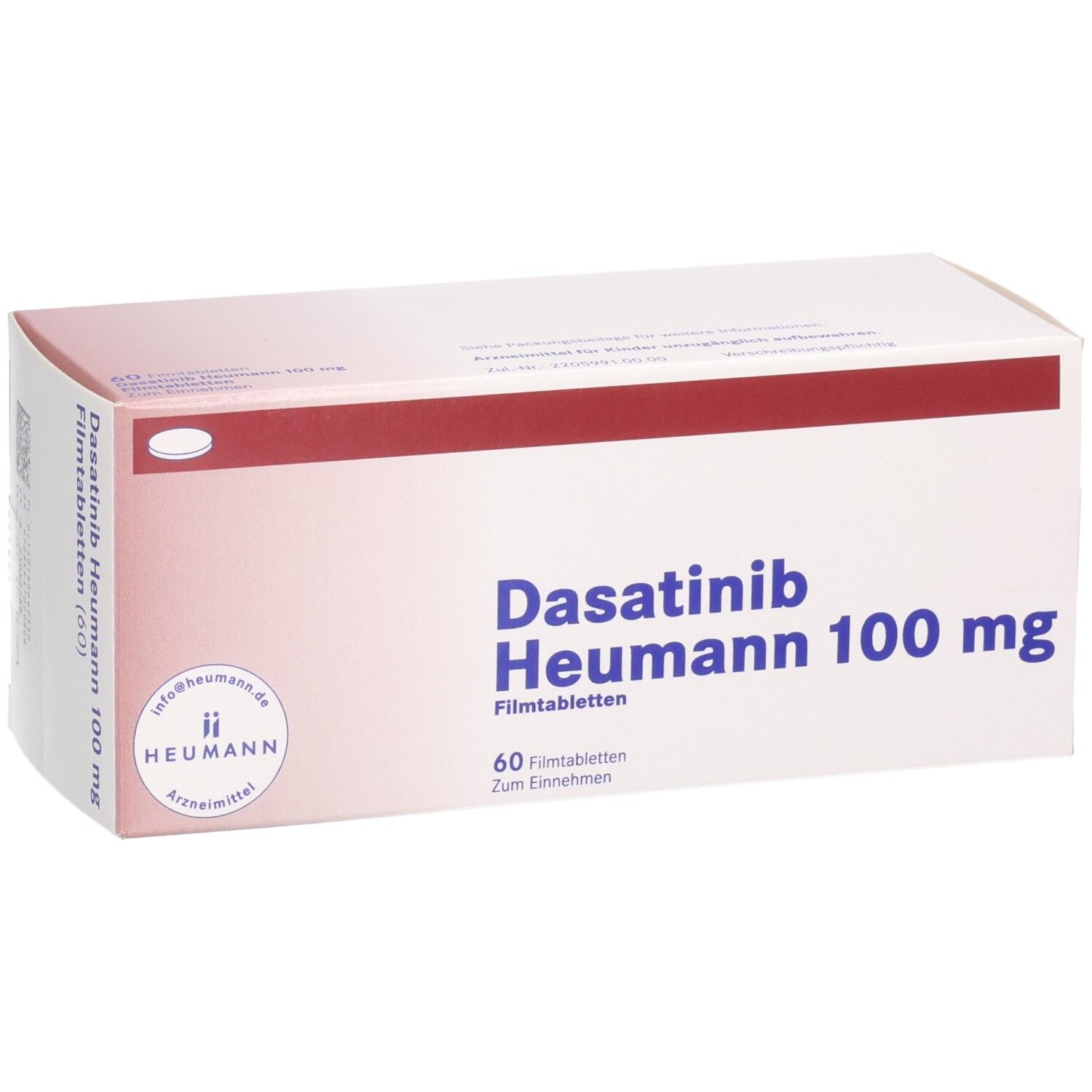 Packung von Dasatinib Heumann 100 mg Filmtabletten (60 Stück) mit rotem Streifen.
