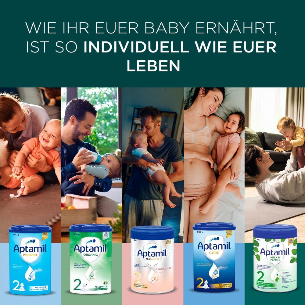 Collage: Babys und Eltern. Verschiedene Aptamil-Dosen. Text: Wie ihr euer Baby ernährt, ist so individuell wie euer Leben.