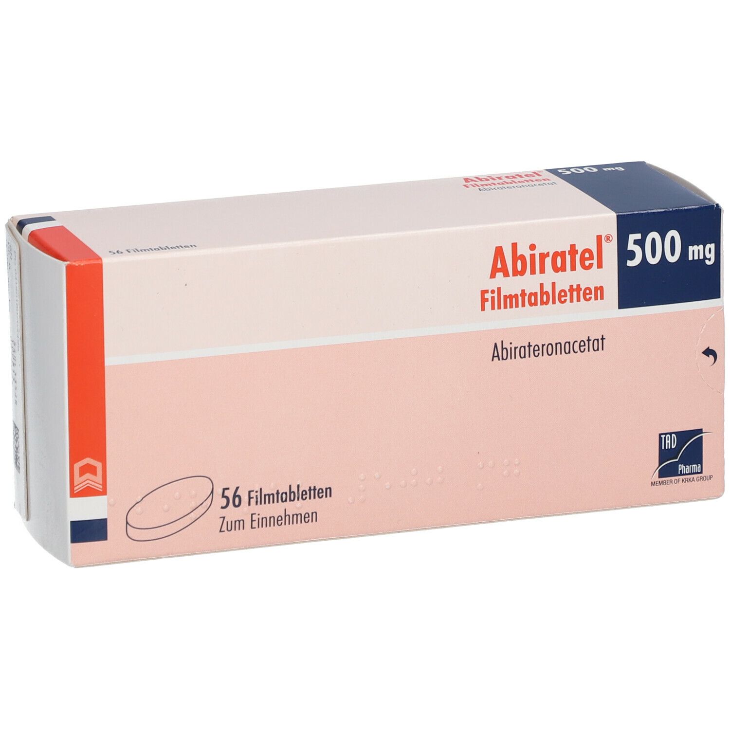 Schachtel mit Abiratel 500 mg Filmtabletten. Aufschrift: 56 Filmtabletten. TRD Pharma Logo. Rosa, weiß und dunkelblaue Farben.