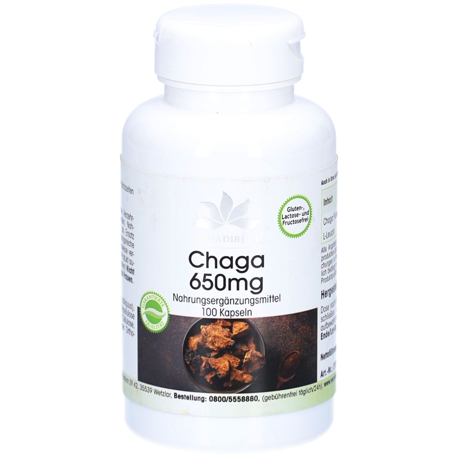 Weiße Flasche mit Chaga 650mg Kapseln. Aufschrift: 100 Kapseln. Gluten-, Laktose- und Fructosefrei.