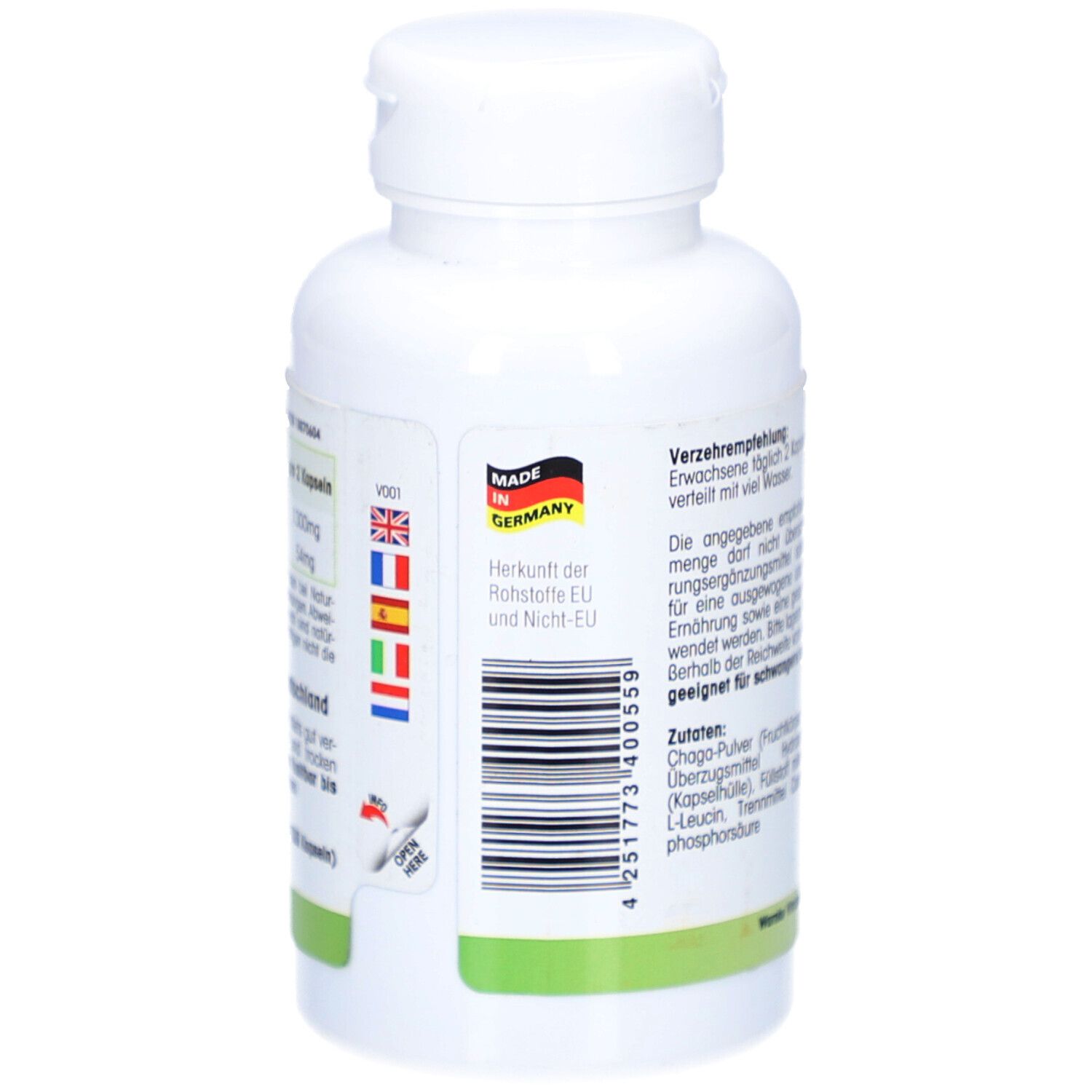 Rückseite der weißen Flasche mit Informationen. Made in Germany. Barcode und Flaggen von EU- und Nicht-EU-Ländern.