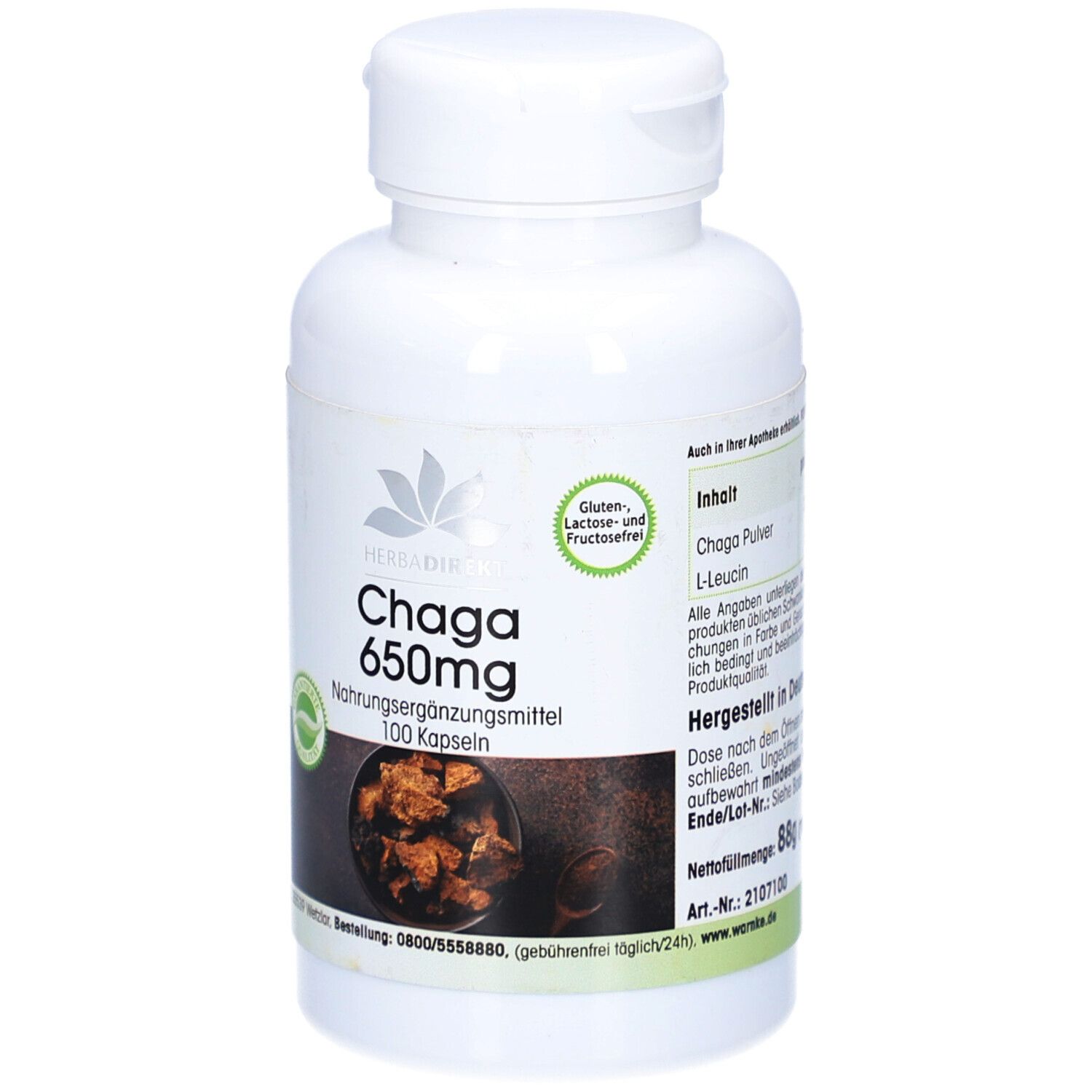 Weiße Flasche mit Chaga 650mg Kapseln. Aufschrift: 100 Kapseln. Gluten-, Laktose- und Fructosefrei.