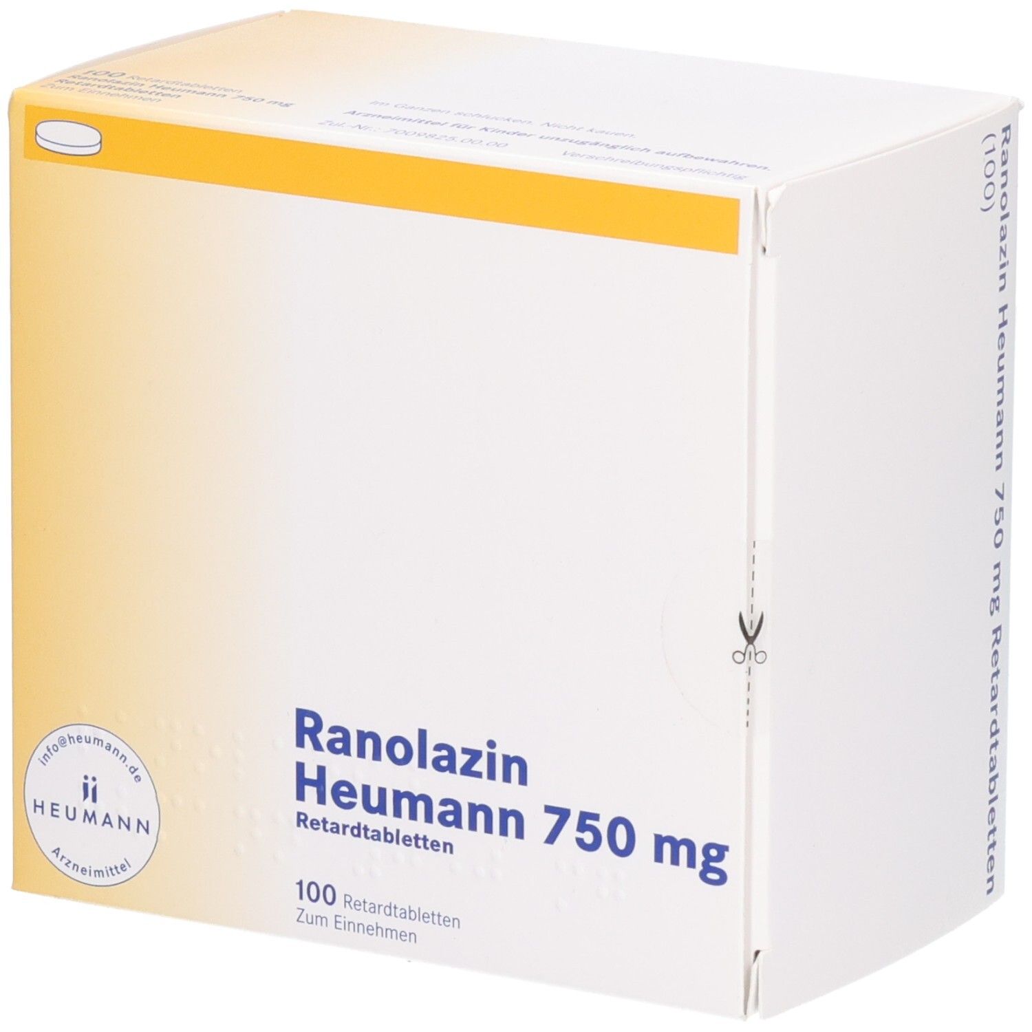 Schachtel mit RANOLAZIN Heumann 750 mg Retardtabletten. Aufschrift: 100 Tabletten. Gelbe und weiße Farbgebung. Heumann Logo.