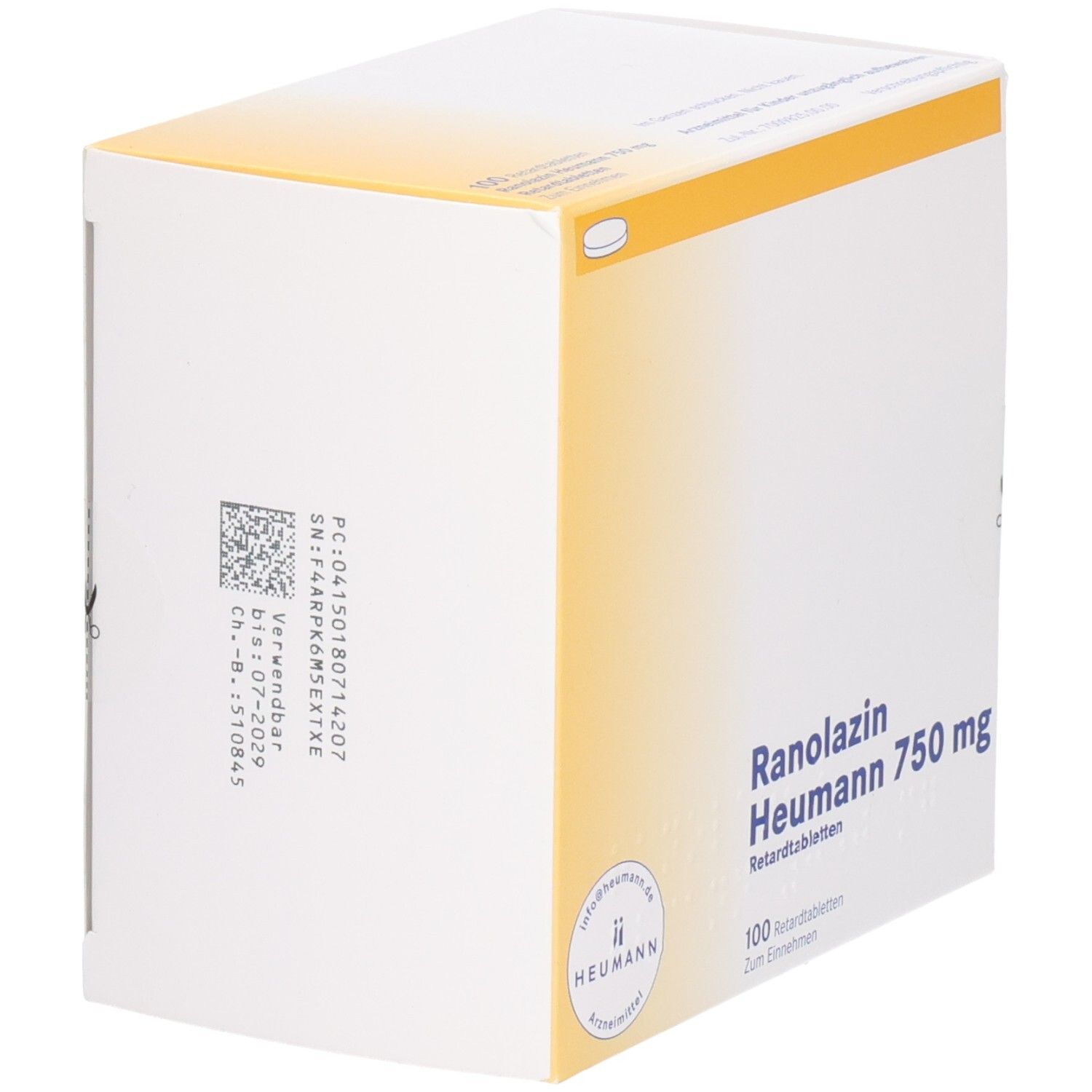 Seitenansicht der Schachtel mit RANOLAZIN Heumann 750 mg Retardtabletten. Text und Barcode. Heumann Logo.