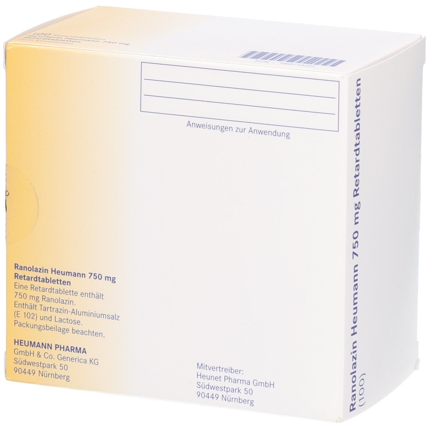 Rückseite der Schachtel mit RANOLAZIN Heumann 750 mg Retardtabletten. Text mit Inhaltsstoffen und Herstellerinformationen.