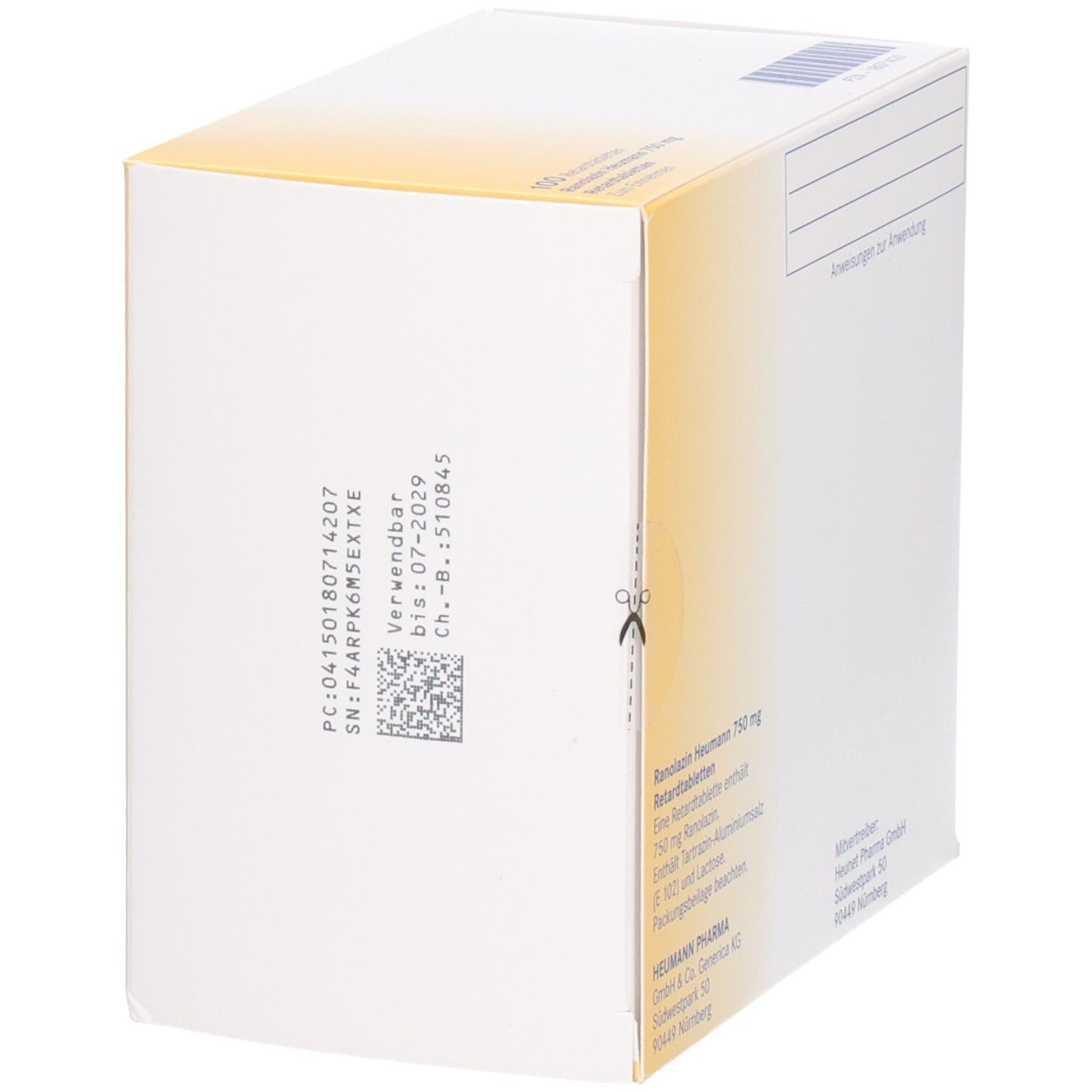 Seitenansicht der Schachtel mit RANOLAZIN Heumann 750 mg Retardtabletten. Text und Barcode. Heumann Logo.