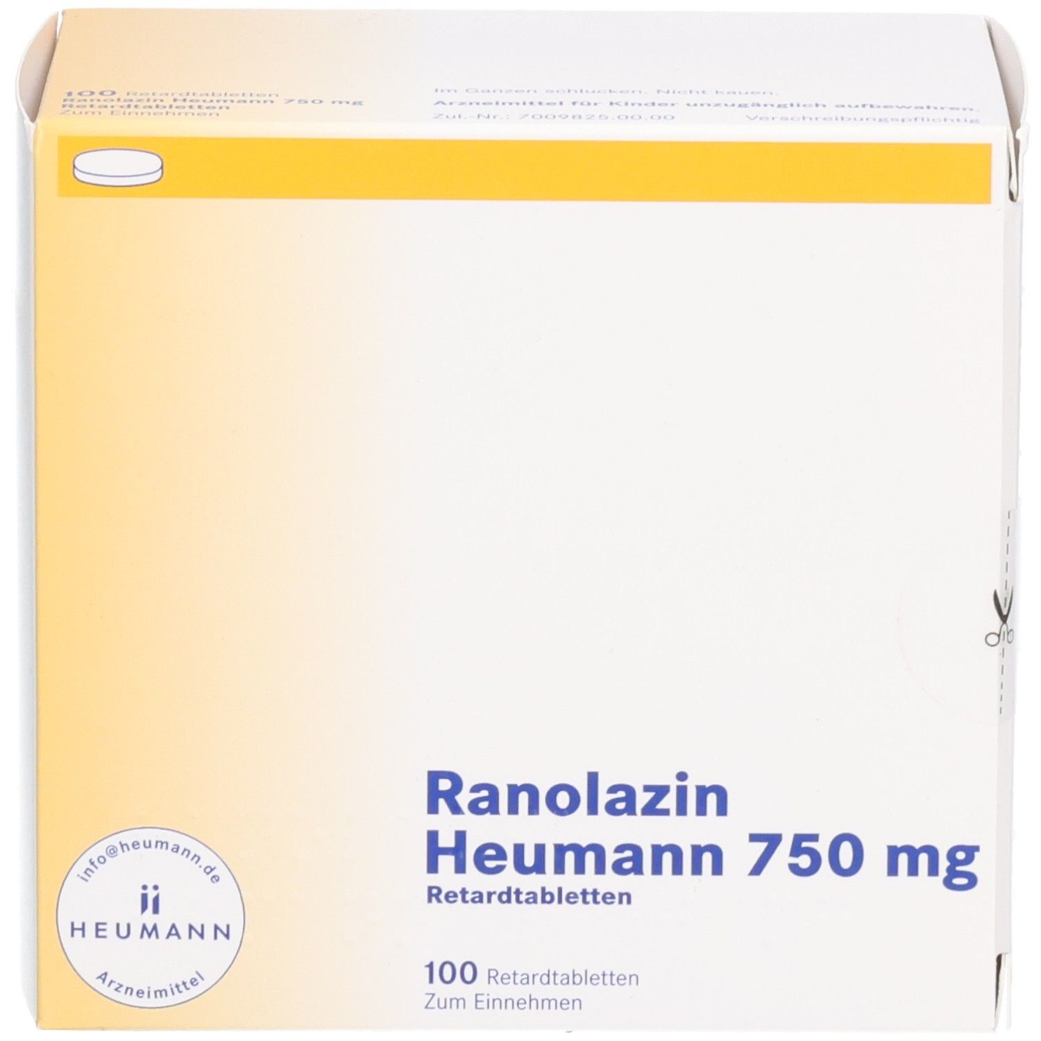 Vorderansicht der Schachtel mit RANOLAZIN Heumann 750 mg Retardtabletten. Aufschrift: 100 Tabletten. Heumann Logo.