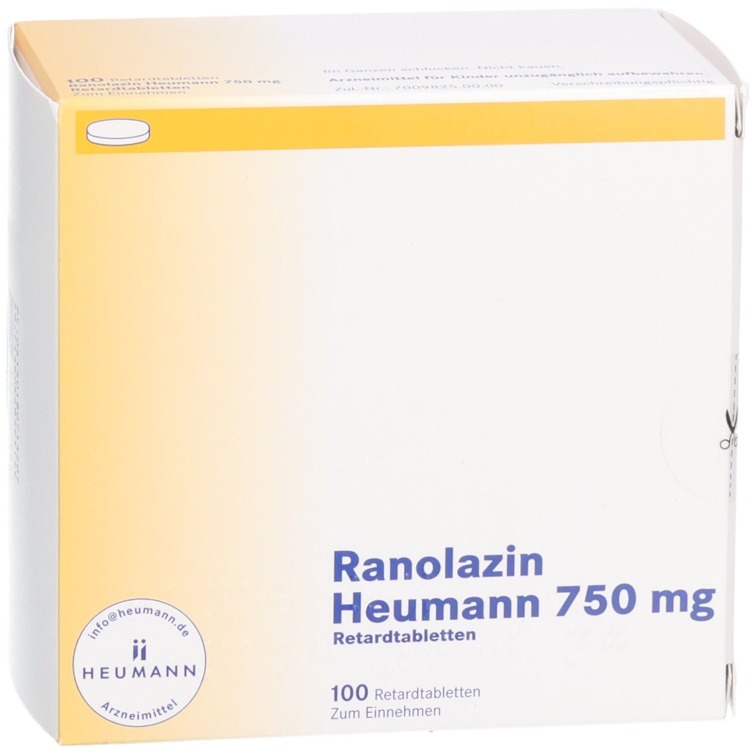 Vorderansicht der Schachtel mit RANOLAZIN Heumann 750 mg Retardtabletten. Aufschrift: 100 Tabletten. Heumann Logo.