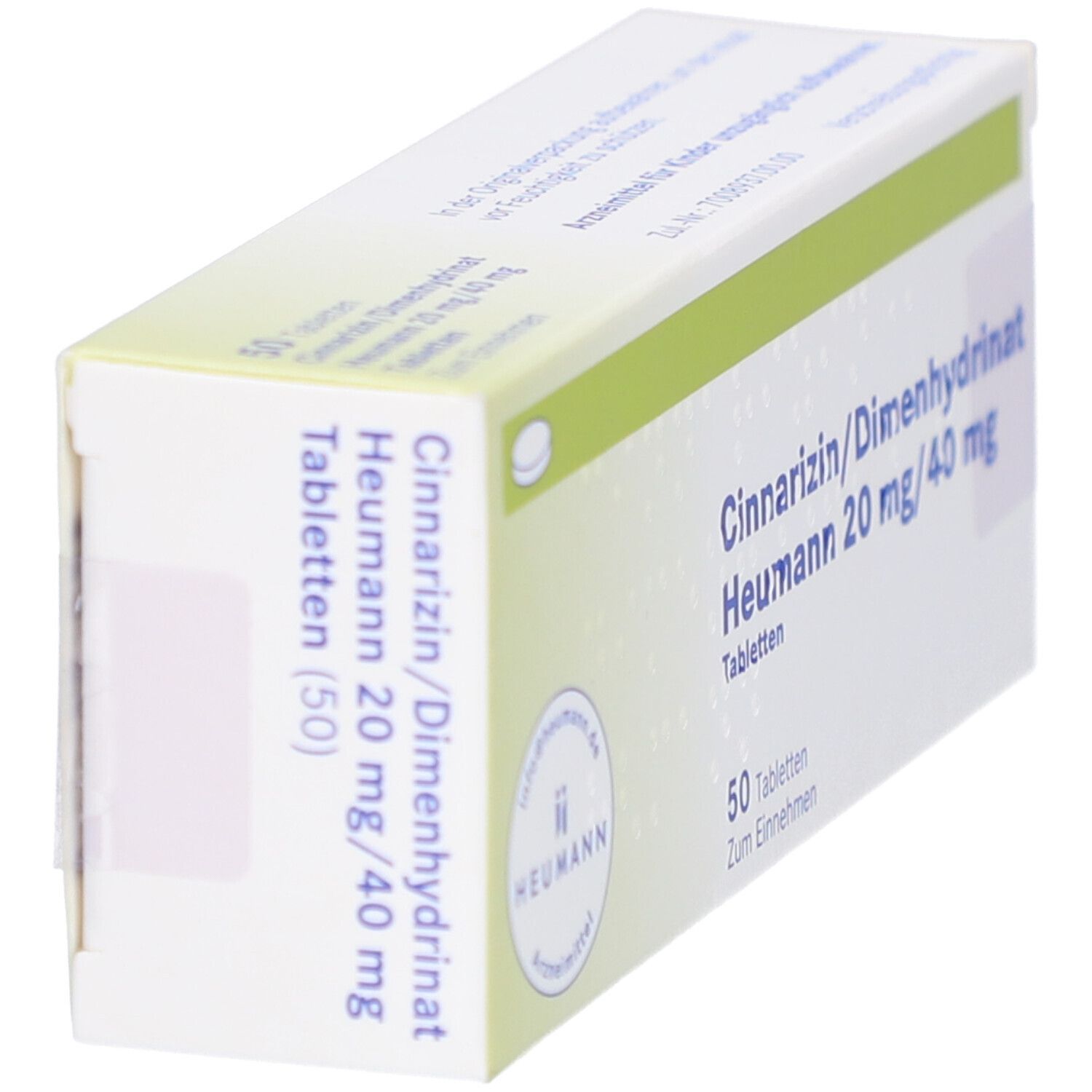 Tablettenbox, weiß mit grünen Akzenten. Beschriftung: Cinnarizin/Dimenhydrinat Heumann 20 mg/40 mg Tabletten. 50 Tabletten. Heumann Logo.