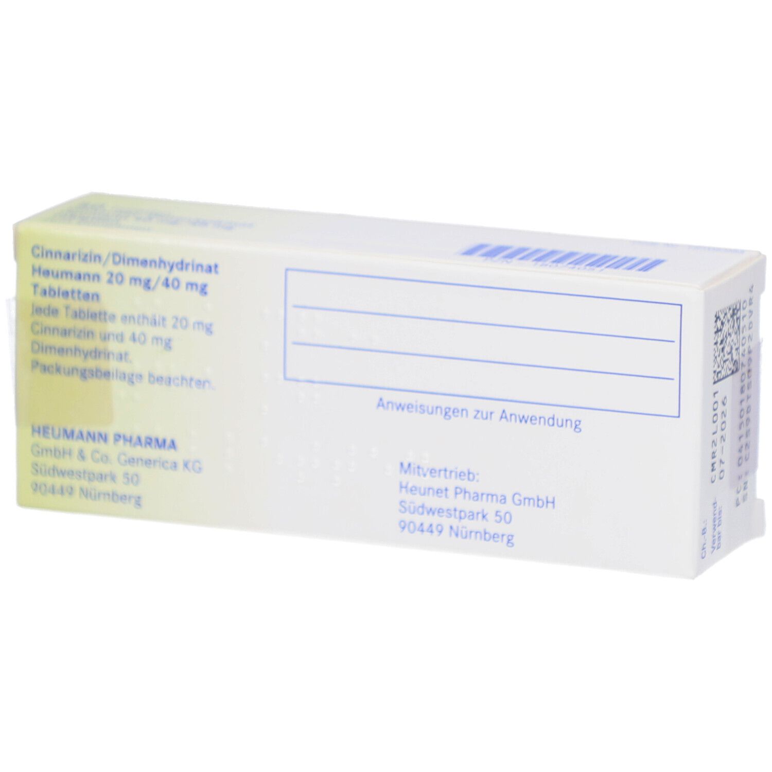 Rückseite der Tablettenbox. Beschriftung: Cinnarizin/Dimenhydrinat Heumann 20 mg/40 mg Tabletten. Herstellerinformationen und Barcode.