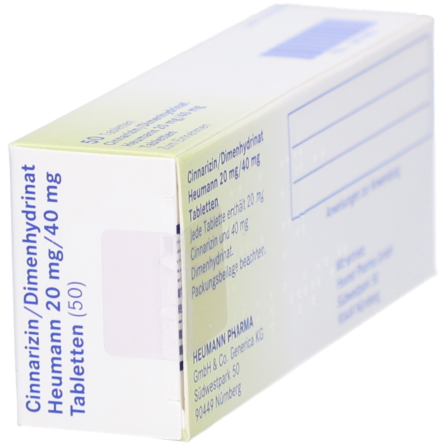 Tablettenbox, weiß mit grünen Akzenten. Beschriftung: Cinnarizin/Dimenhydrinat Heumann 20 mg/40 mg Tabletten (50). Heumann Pharma.