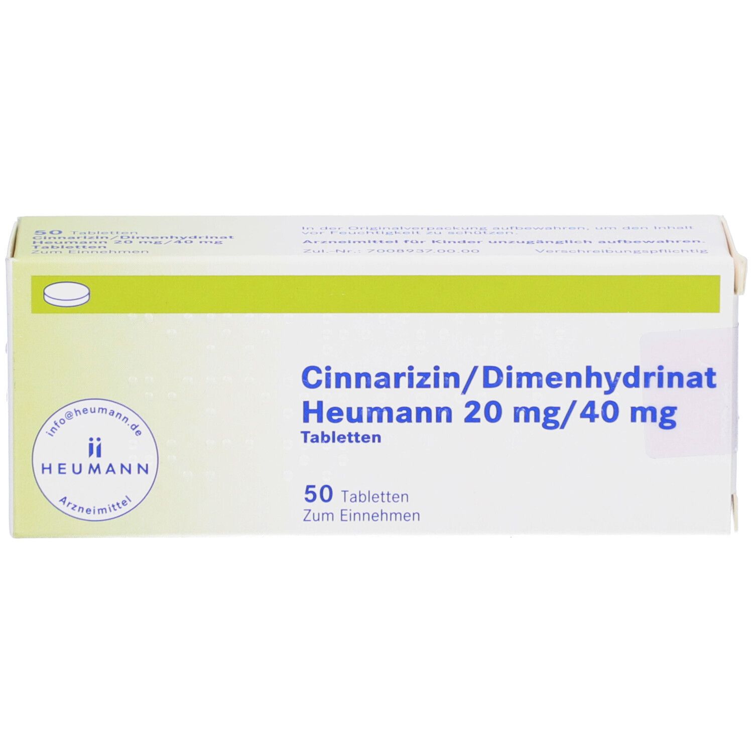 Weiße Tablettenbox mit grünen Akzenten. Beschriftung: Cinnarizin/Dimenhydrinat Heumann 20 mg/40 mg Tabletten. 50 Tabletten. Heumann Logo.