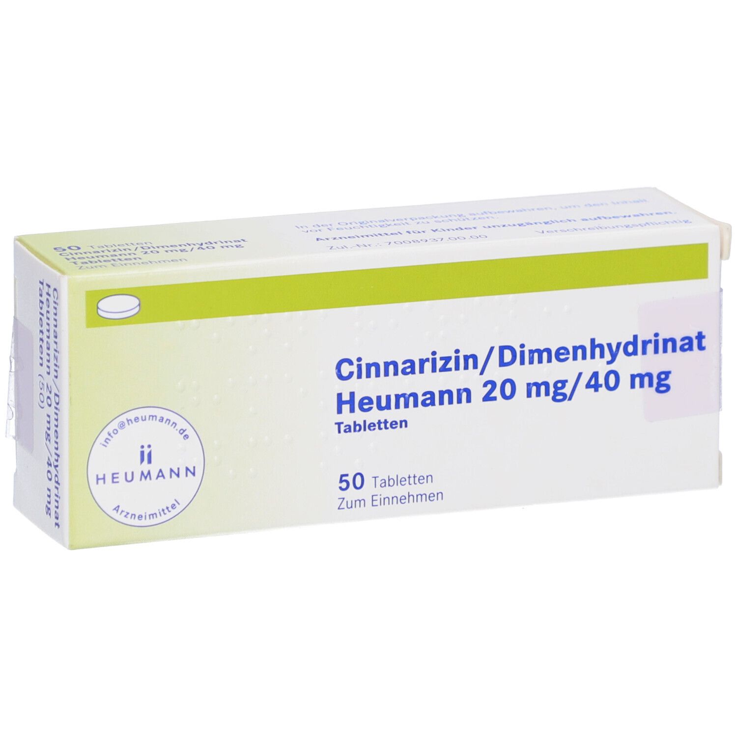 Weiße Tablettenbox mit grünen Akzenten. Beschriftung: Cinnarizin/Dimenhydrinat Heumann 20 mg/40 mg Tabletten. 50 Tabletten. Heumann Logo.