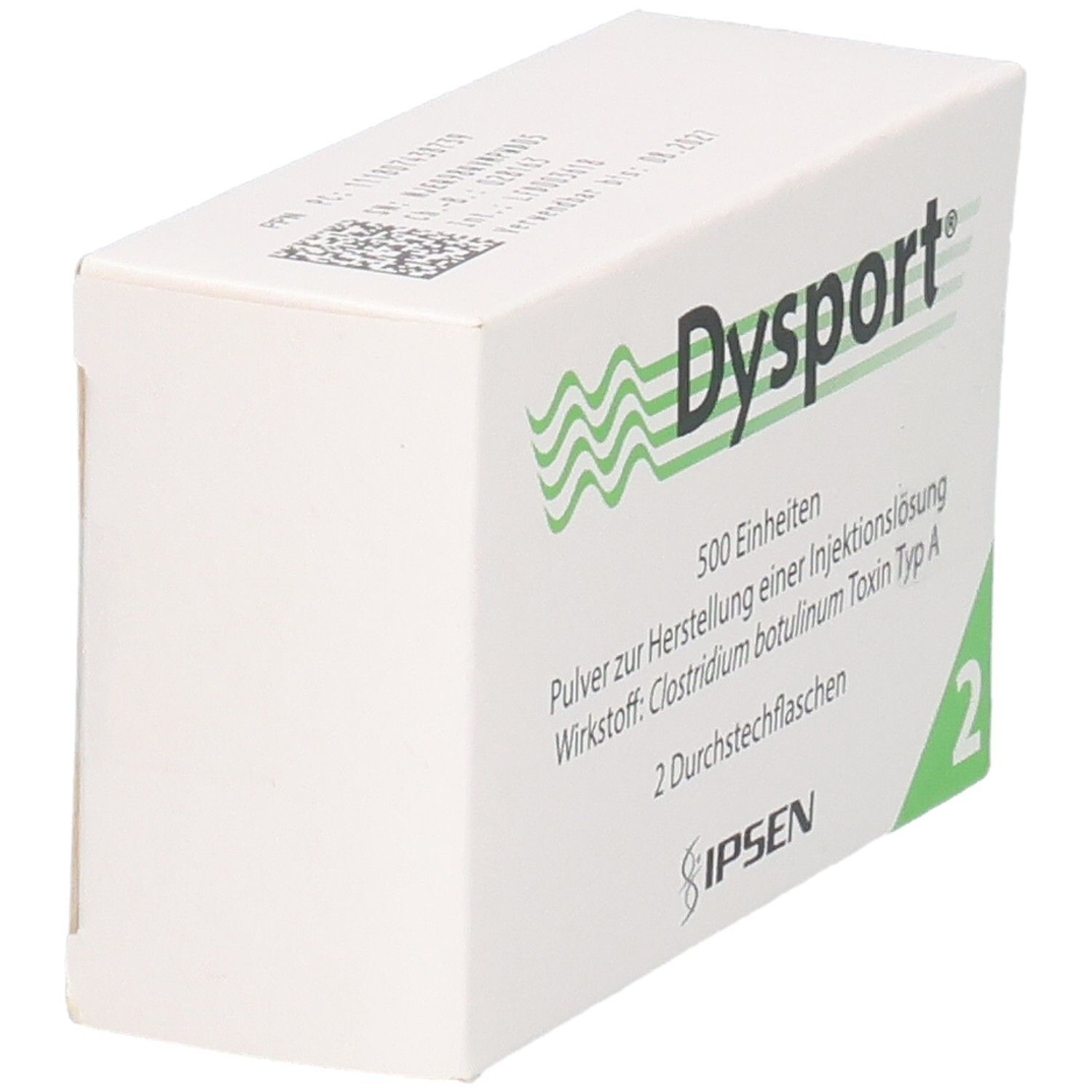 Dysport 500 Einheiten Pulver zur Herstellung einer Injektionslösung, 2 Durchstechflaschen.