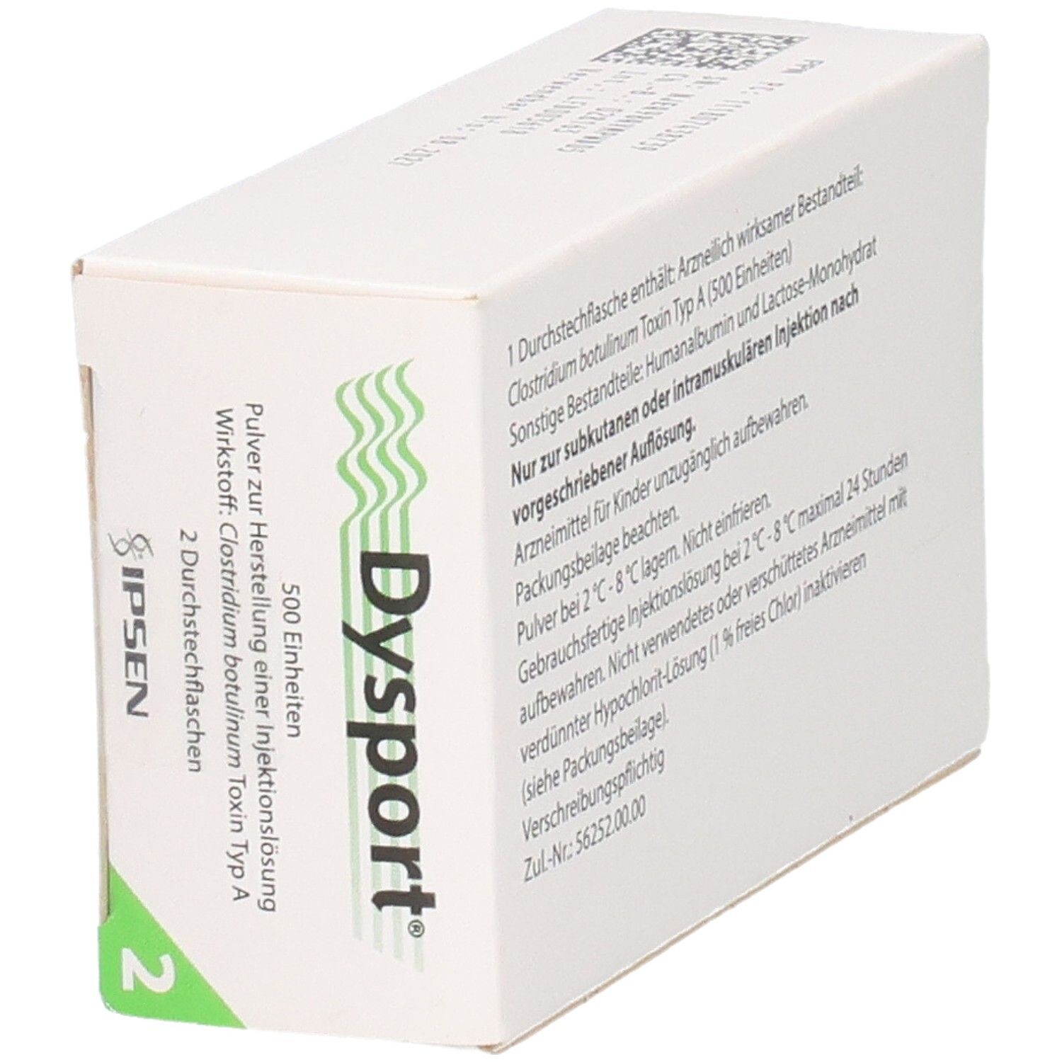 Dysport 500 Einheiten Pulver zur Herstellung einer Injektionslösung, 2 Durchstechflaschen.