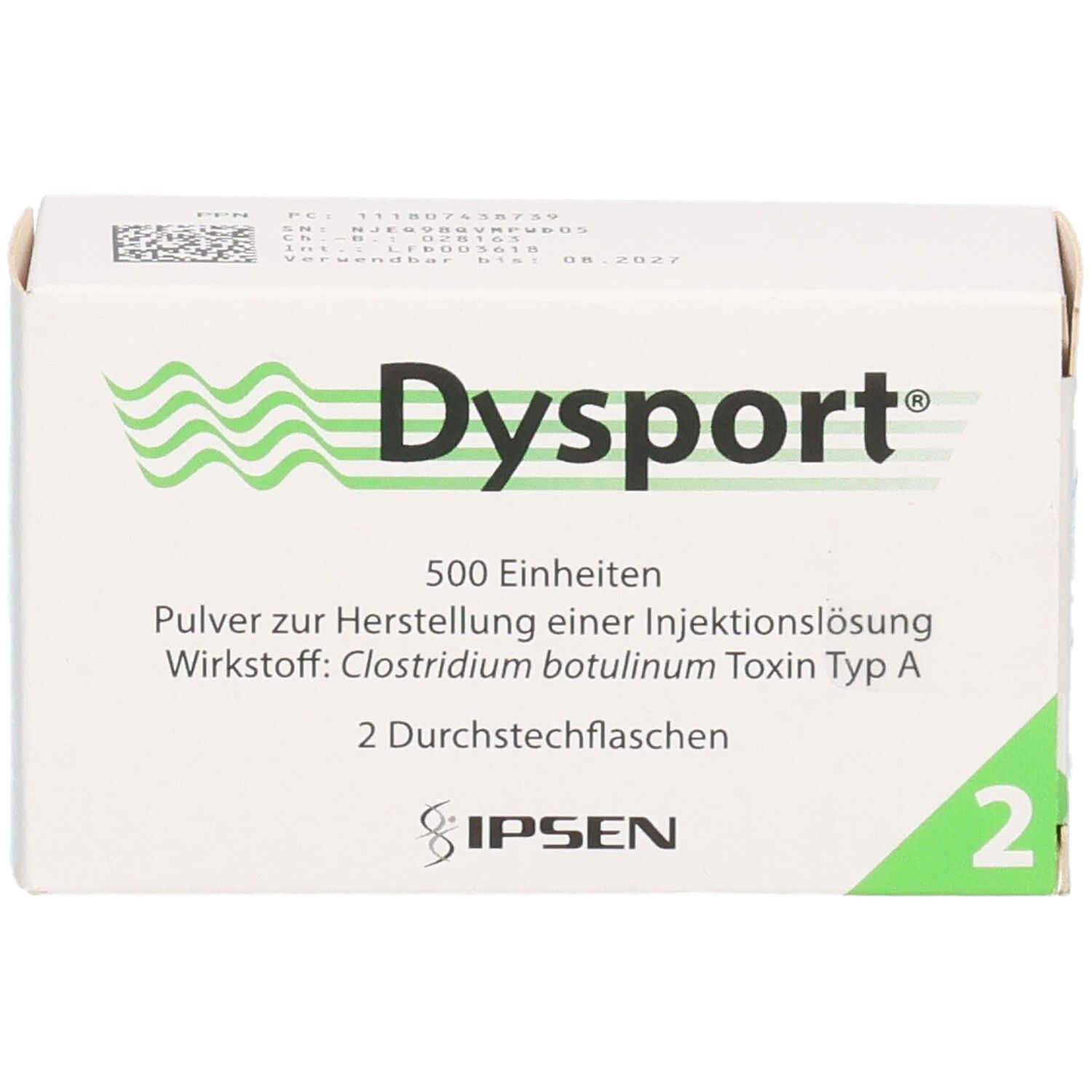 Dysport 500 Einheiten Pulver zur Herstellung einer Injektionslösung, 2 Durchstechflaschen.