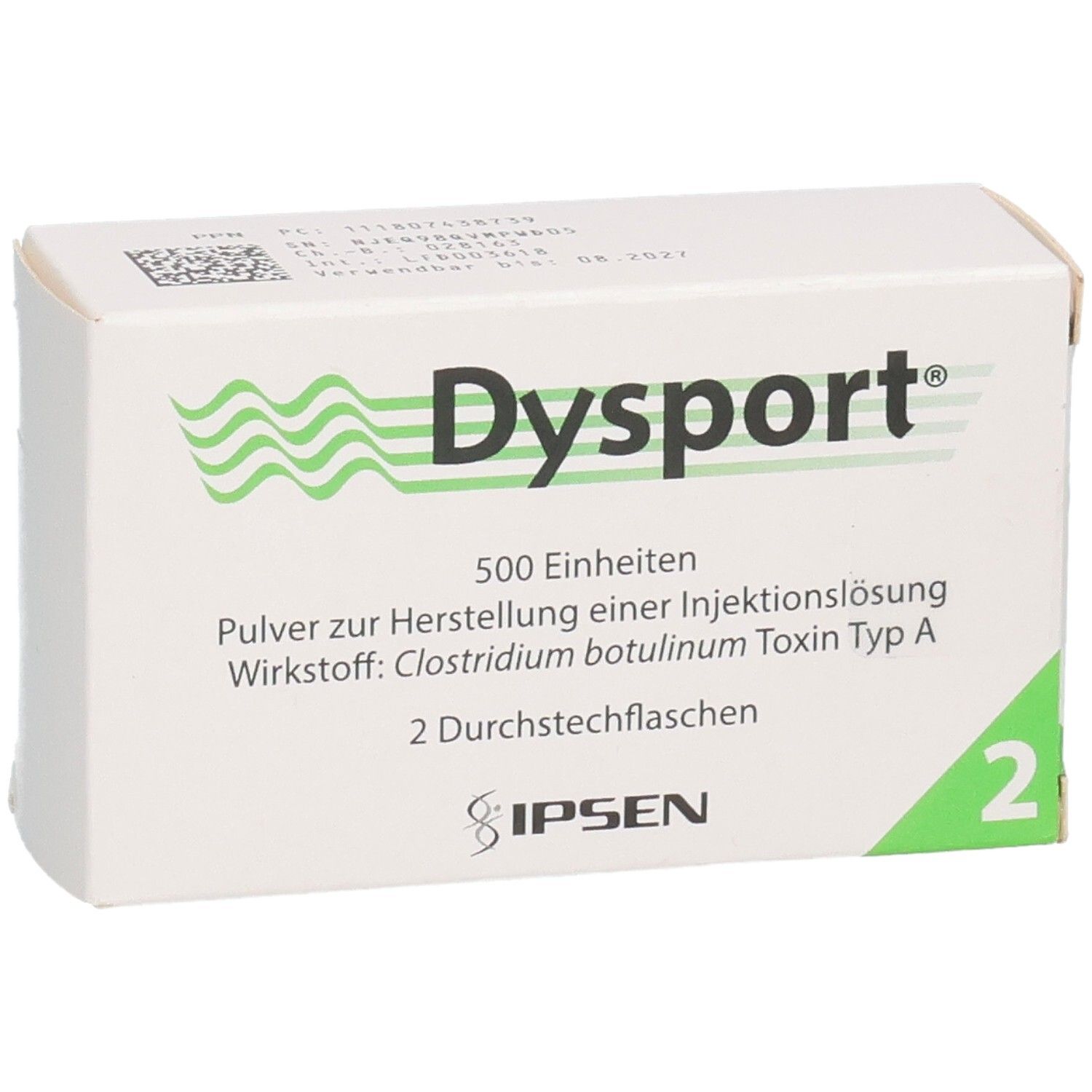Dysport 500 Einheiten Pulver zur Herstellung einer Injektionslösung, 2 Durchstechflaschen.