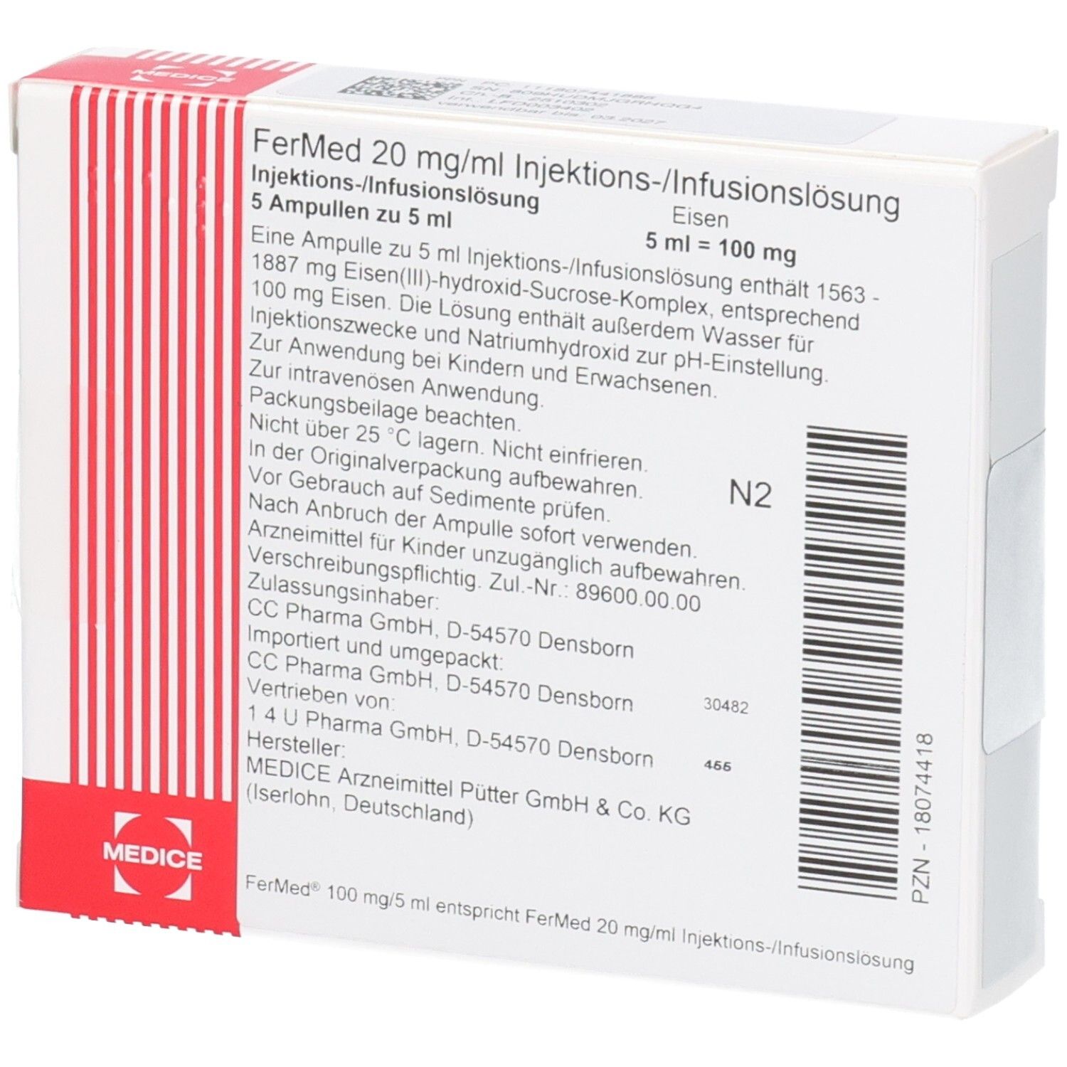Verpackung von FerMed Injektionslösung. Weißer Karton mit roter Schrift und Logo. Enthält 5 Ampullen. Textinformationen auf der Verpackung.
