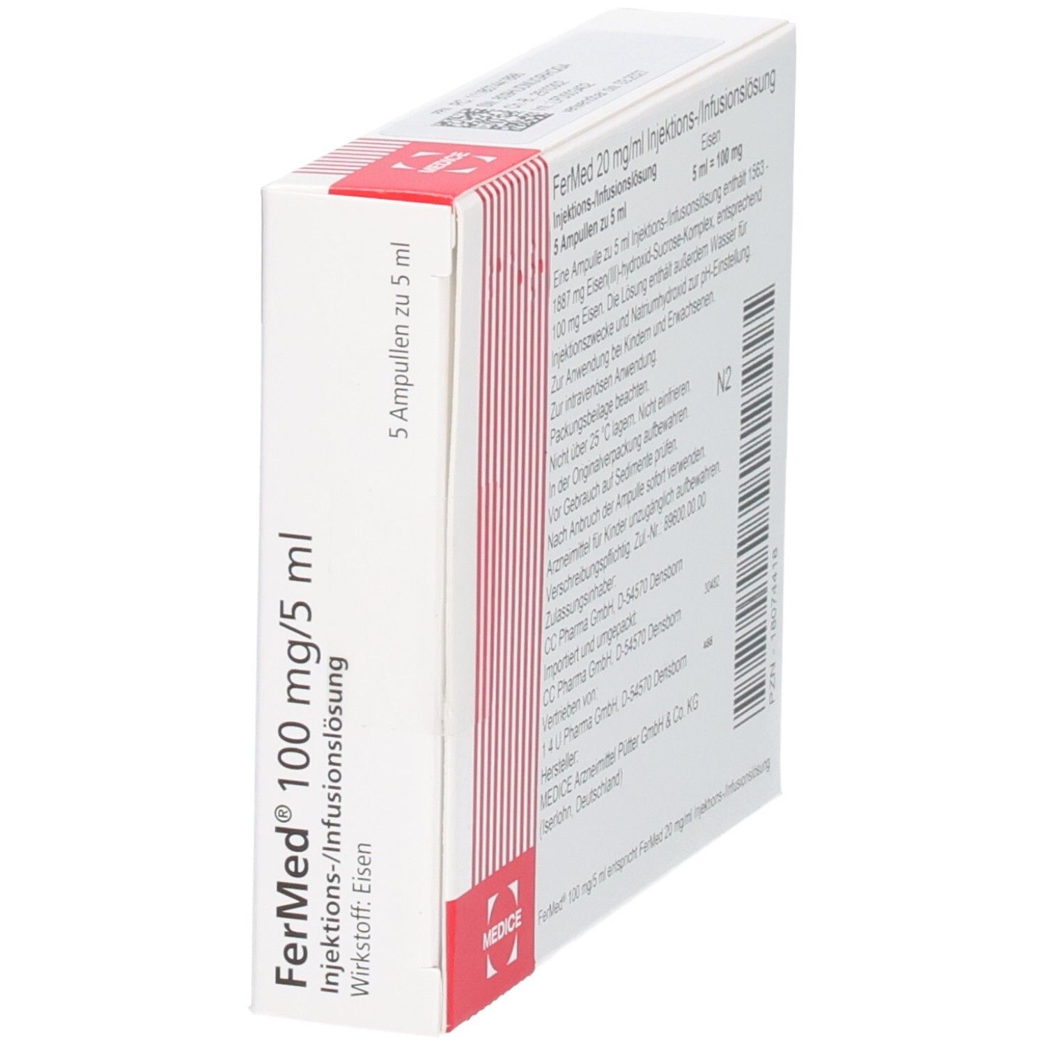 Schrägansicht der FerMed Injektionslösung Verpackung. Weißer Karton mit roter Schrift. Enthält 5 Ampullen. Textinformationen auf der Verpackung.