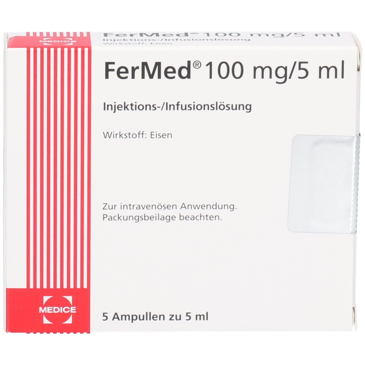 Vorderansicht der FerMed Injektionslösung Verpackung. Weißer Karton mit roter Schrift und Logo. Enthält 5 Ampullen. Textinformationen.