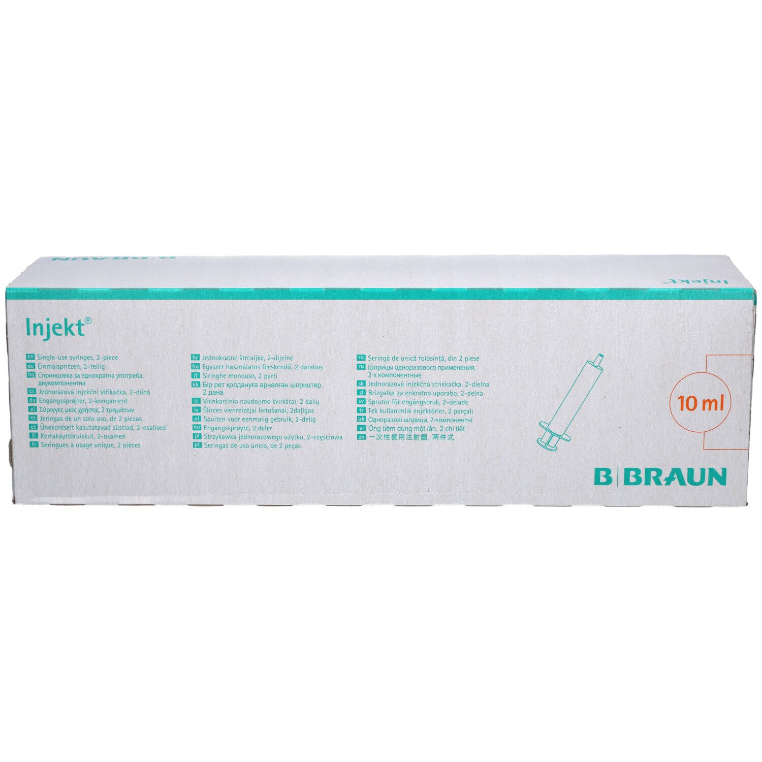 Karton mit Aufdruck 'Injekt' und Abbildung einer Spritze. Text in mehreren Sprachen. '10 ml' und Logo von B. Braun.