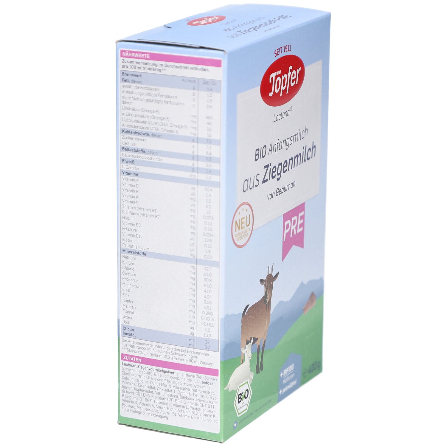 Kartonverpackung, Seitenansicht. Töpfer Lactana BIO Anfangsmilch aus Ziegenmilch. Zutatenliste und Nährwertangaben. BIO-Siegel.