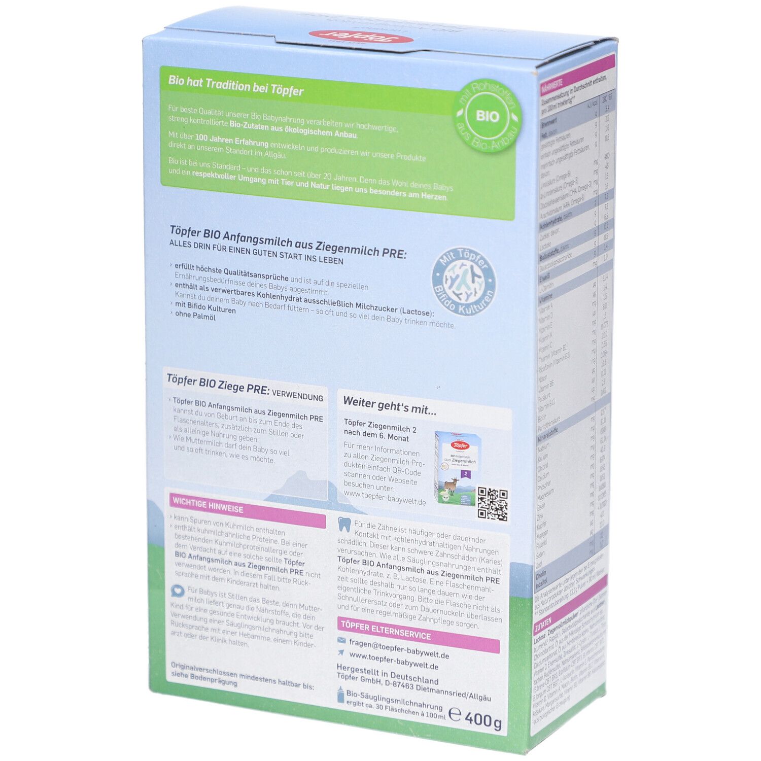 Rückseite der Kartonverpackung. Text über Töpfer BIO Anfangsmilch aus Ziegenmilch. BIO-Siegel. QR-Code. 400g.
