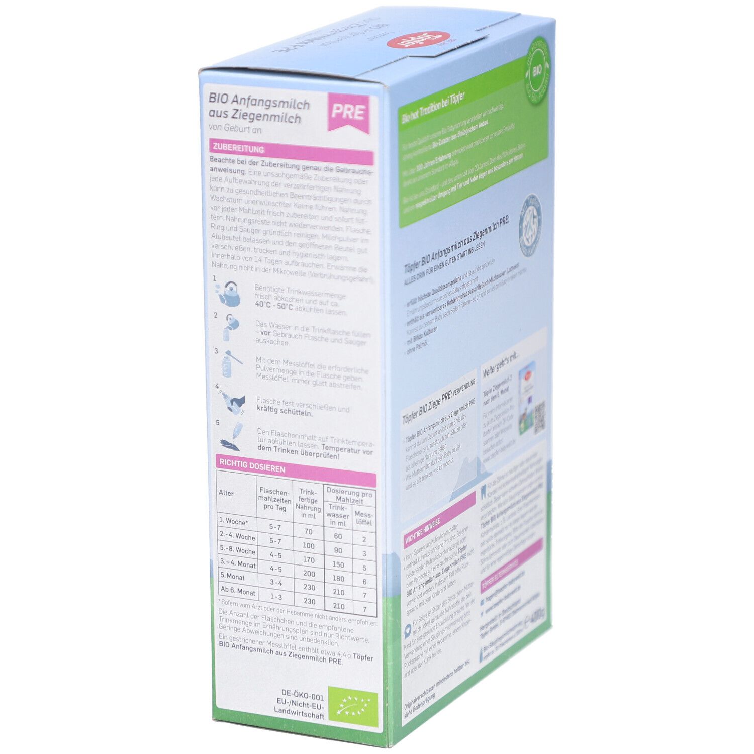 Seitenansicht der Kartonverpackung. Zubereitungshinweise für Töpfer BIO Anfangsmilch aus Ziegenmilch. Dosierungstabelle.