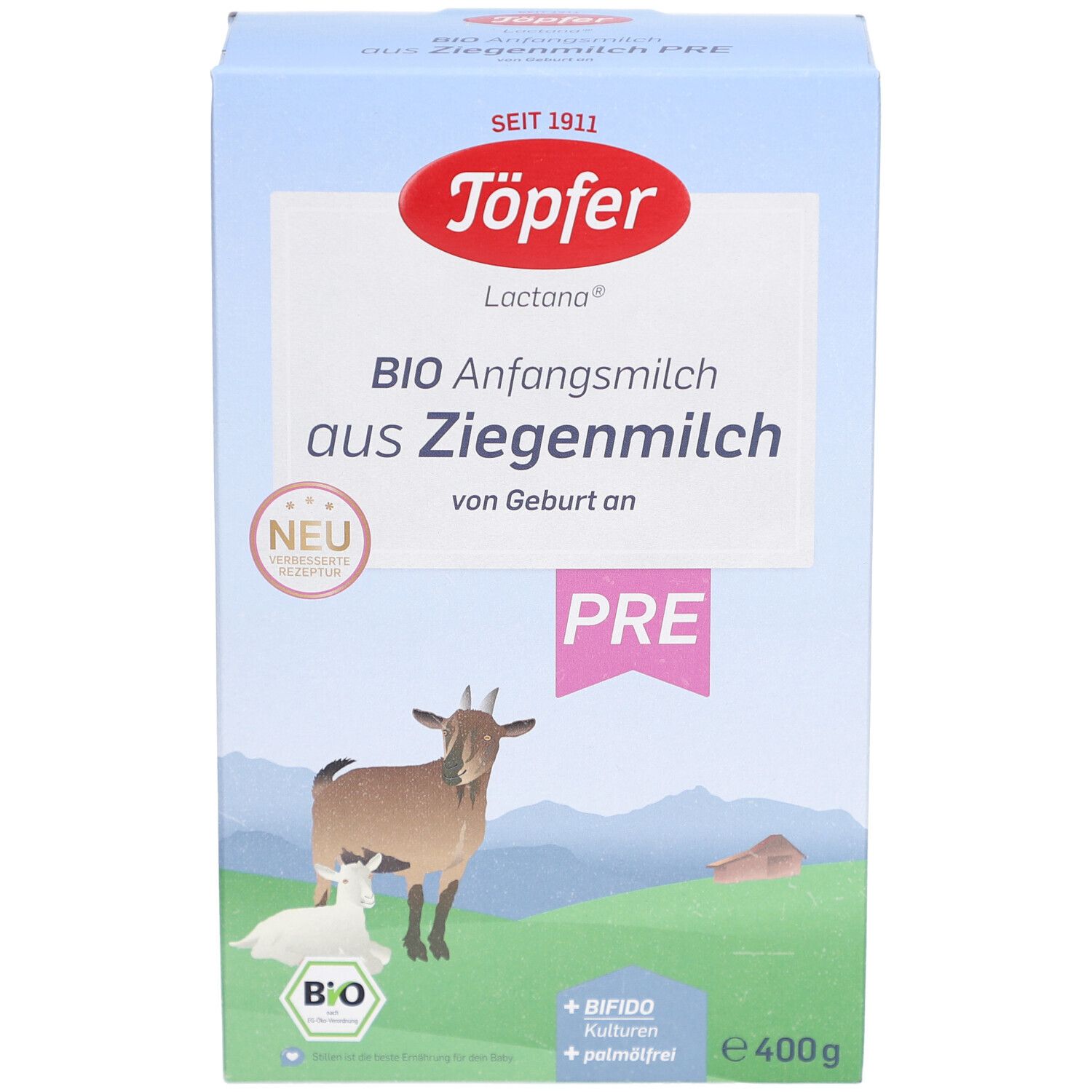 Blau-weiße Kartonverpackung. Töpfer Lactana BIO Anfangsmilch aus Ziegenmilch. PRE. Ab Geburt. BIO-Siegel. 400g.