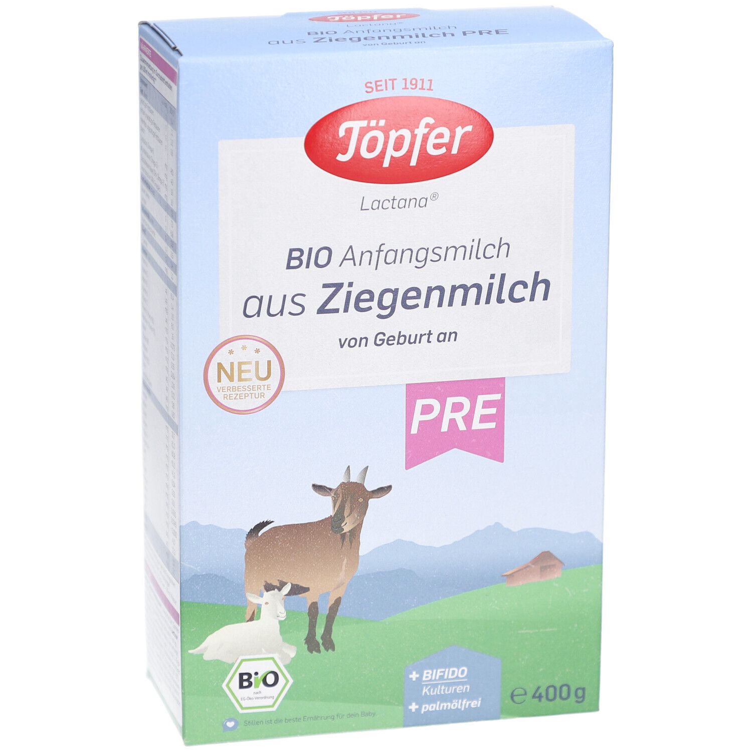 Kartonverpackung, leicht schräg. Töpfer Lactana BIO Anfangsmilch aus Ziegenmilch. PRE. Ab Geburt. BIO-Siegel. 400g.