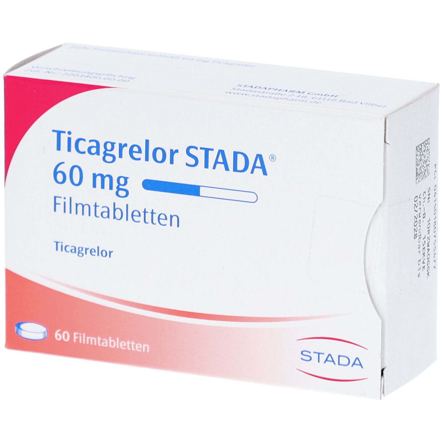 Schachtel mit Ticagrelor STADA 60 mg Filmtabletten. Aufschrift: 60 Filmtabletten. STADA Logo.