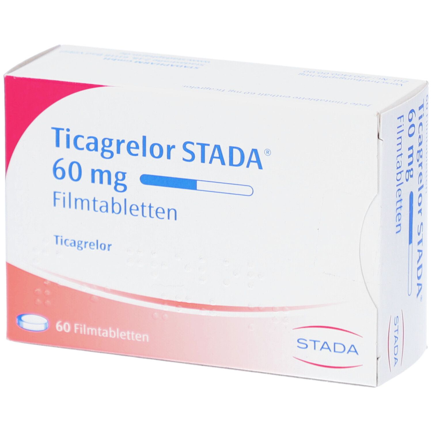 Schachtel mit Ticagrelor STADA 60 mg Filmtabletten. Aufschrift: 60 Filmtabletten. STADA Logo. Perspektivische Ansicht.