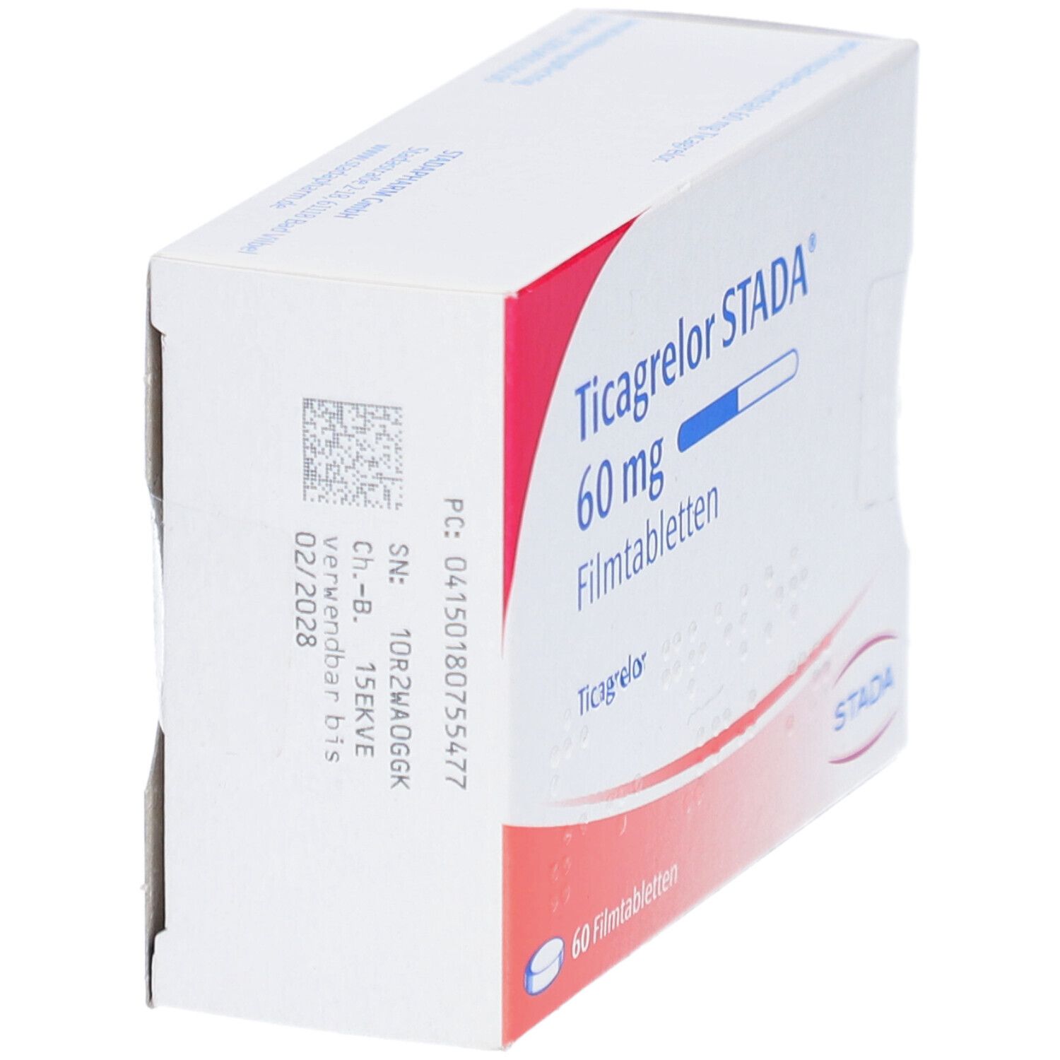 Schachtel mit Ticagrelor STADA 60 mg Filmtabletten. Rückseite mit Chargennummer und Verfallsdatum. STADA Logo.