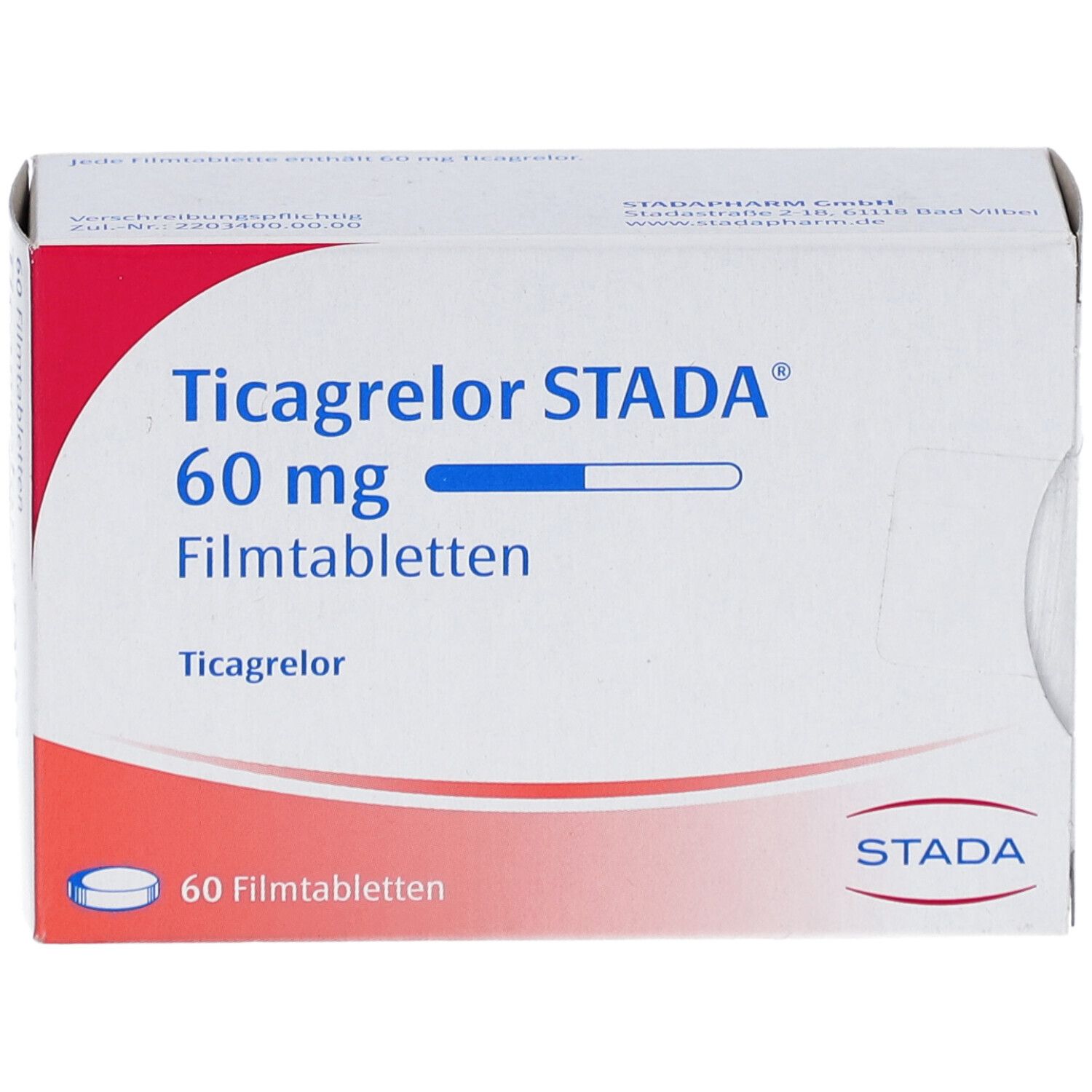 Schachtel mit Ticagrelor STADA 60 mg Filmtabletten. Aufschrift: 60 Filmtabletten. STADA Logo. Draufsicht.