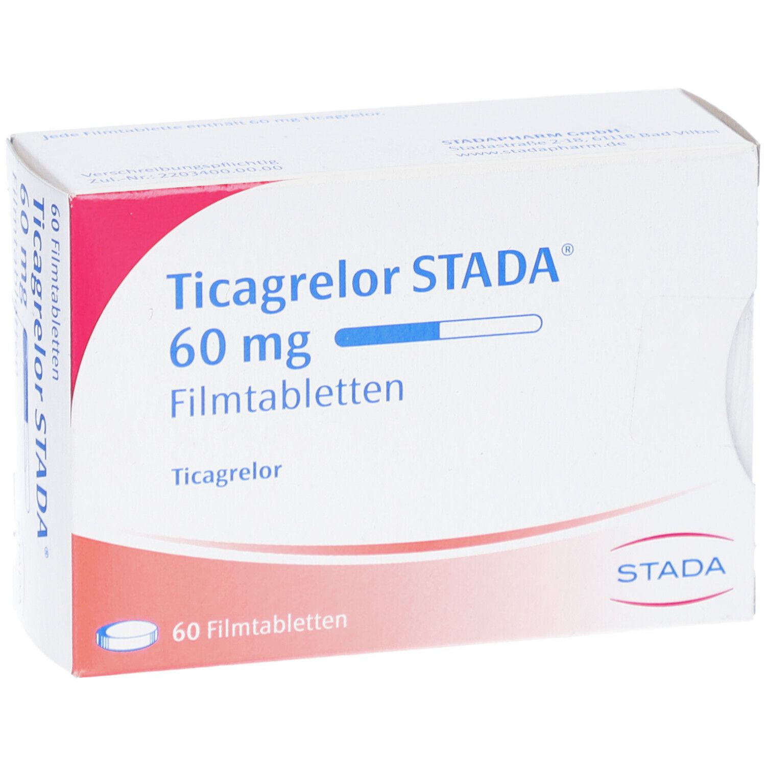 Schachtel mit Ticagrelor STADA 60 mg Filmtabletten. Aufschrift: 60 Filmtabletten. STADA Logo. Perspektivische Ansicht.