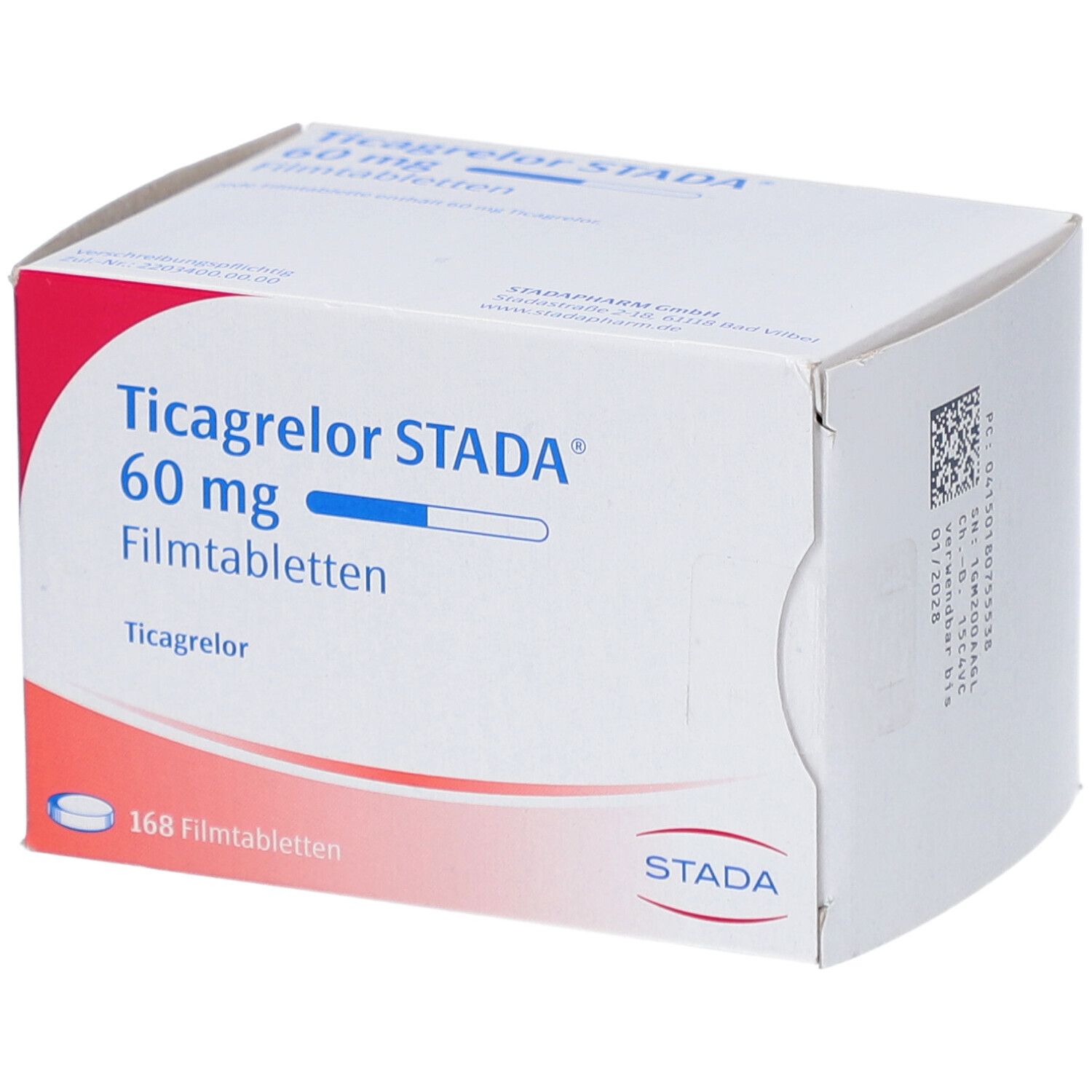Schachtel mit Ticagrelor STADA 60 mg Filmtabletten. Aufdruck: 168 Filmtabletten. Logo STADA.