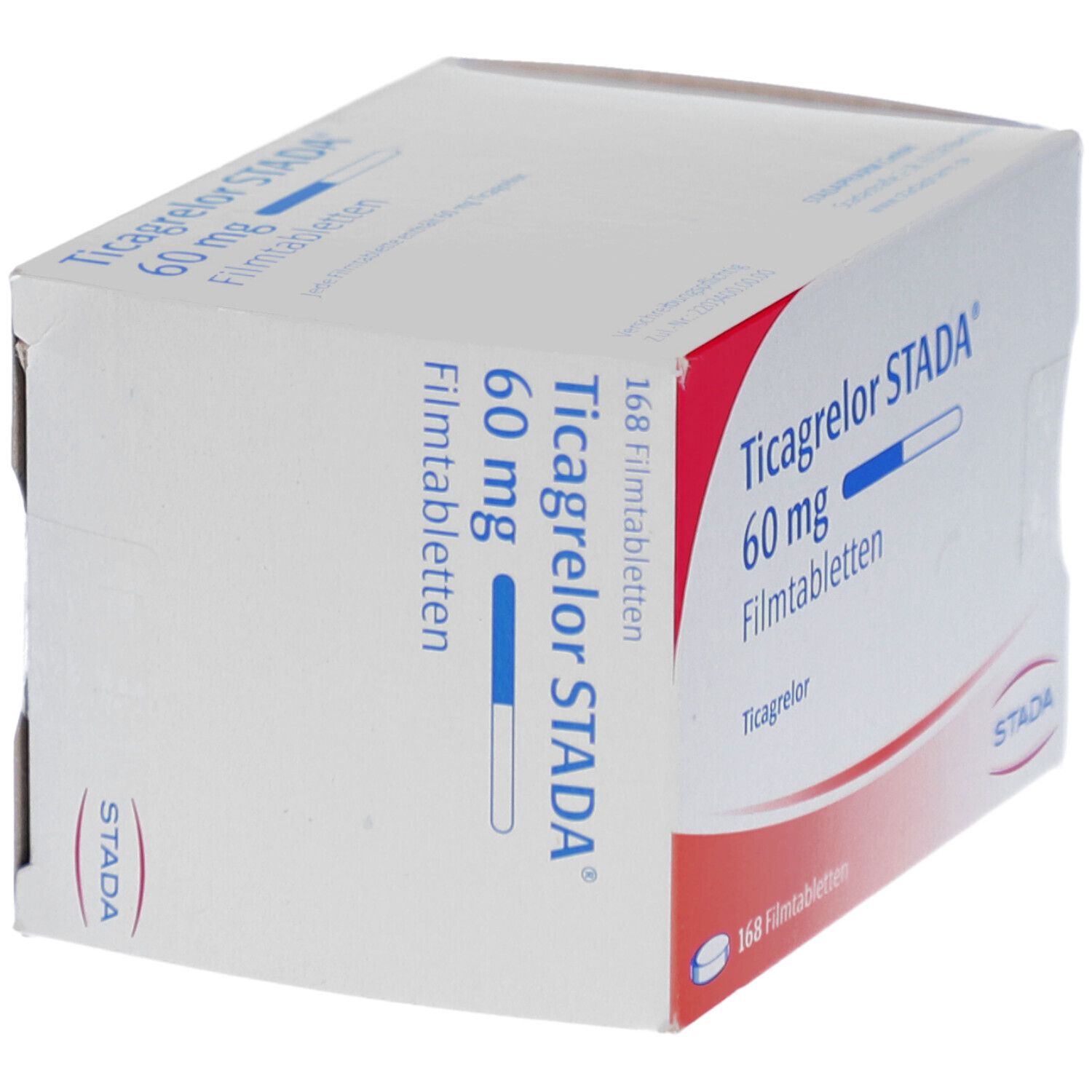 Schachtel mit Ticagrelor STADA 60 mg Filmtabletten. Aufdruck: 168 Filmtabletten. Logo STADA. Ansicht schräg.