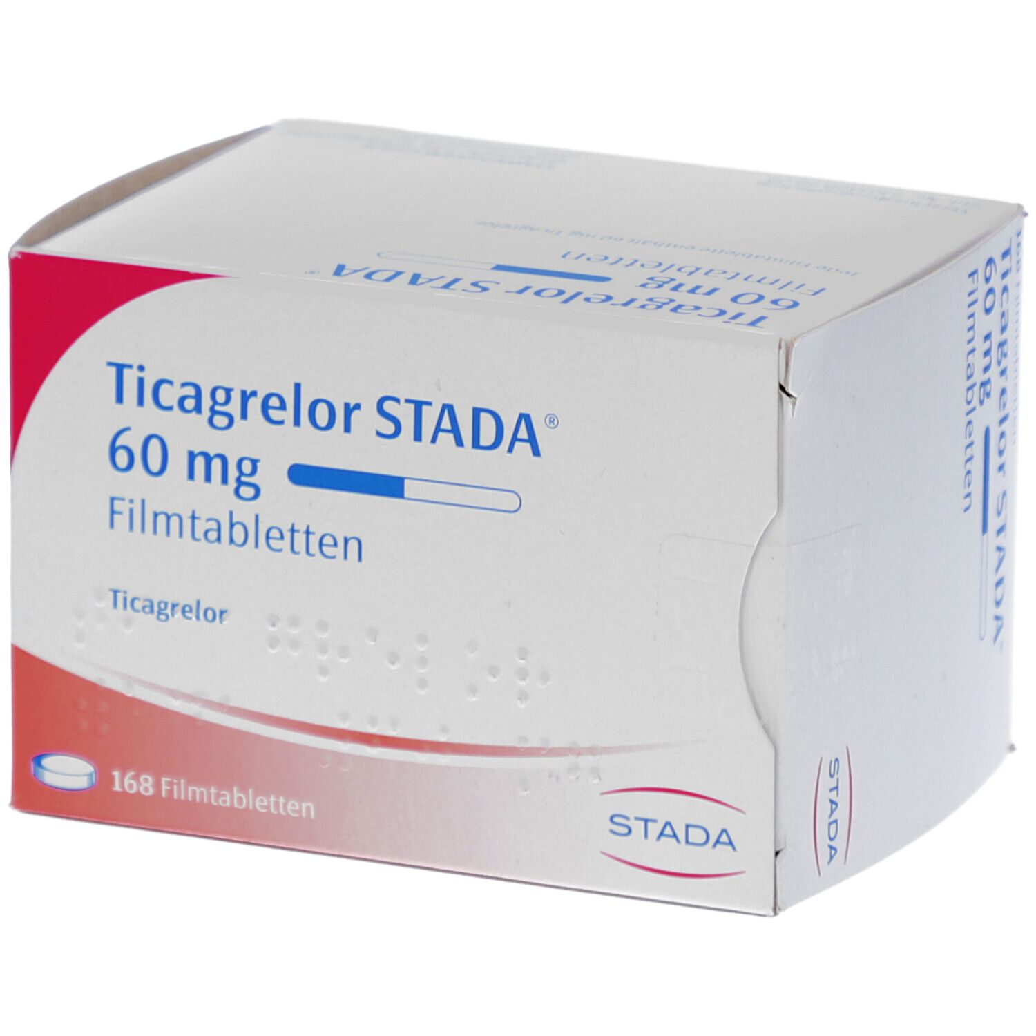 Schachtel mit Ticagrelor STADA 60 mg Filmtabletten. Aufdruck: 168 Filmtabletten. Logo STADA.