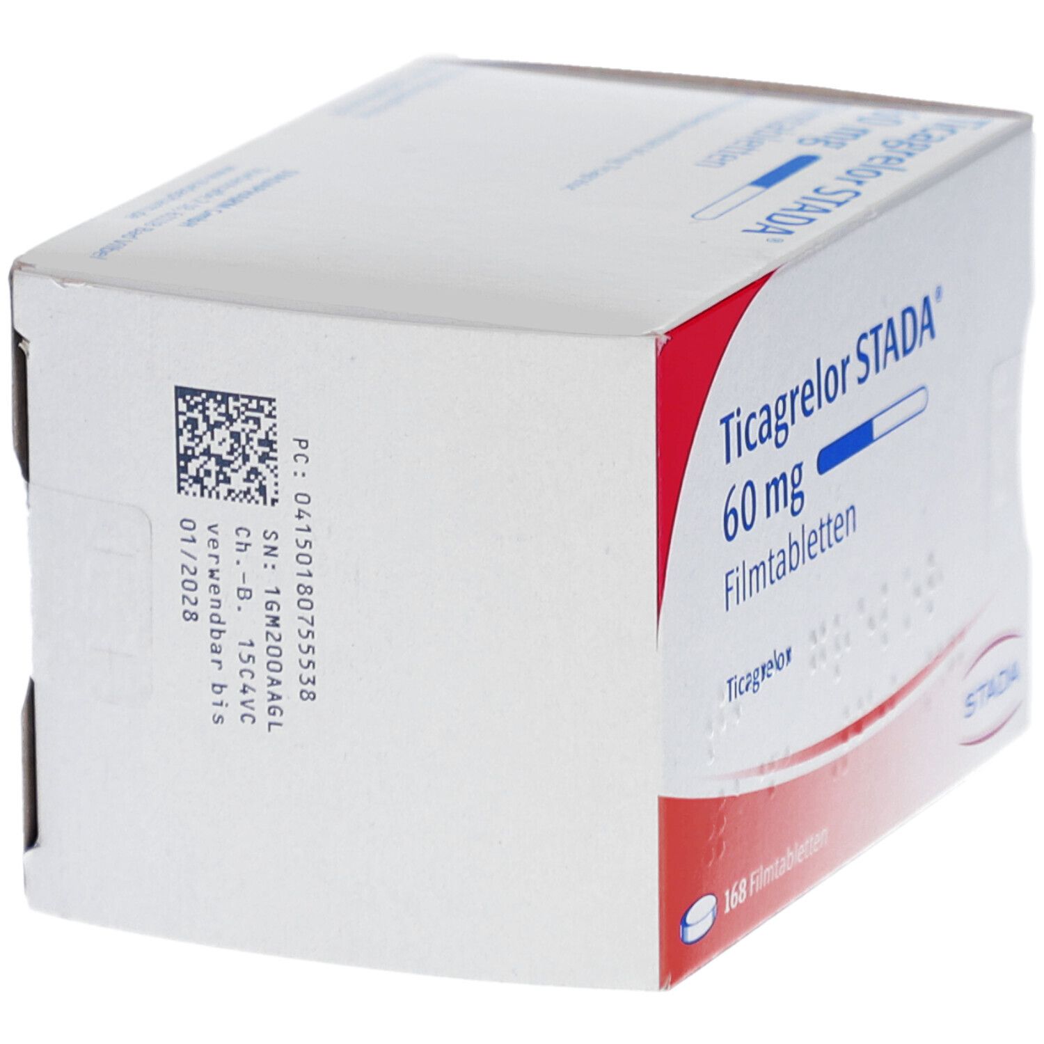 Schachtel mit Ticagrelor STADA 60 mg Filmtabletten. Aufdruck: 168 Filmtabletten. Logo STADA. QR-Code.