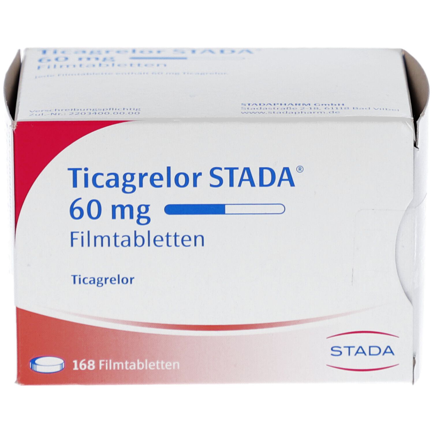 Schachtel mit Ticagrelor STADA 60 mg Filmtabletten. Aufdruck: 168 Filmtabletten. Logo STADA.