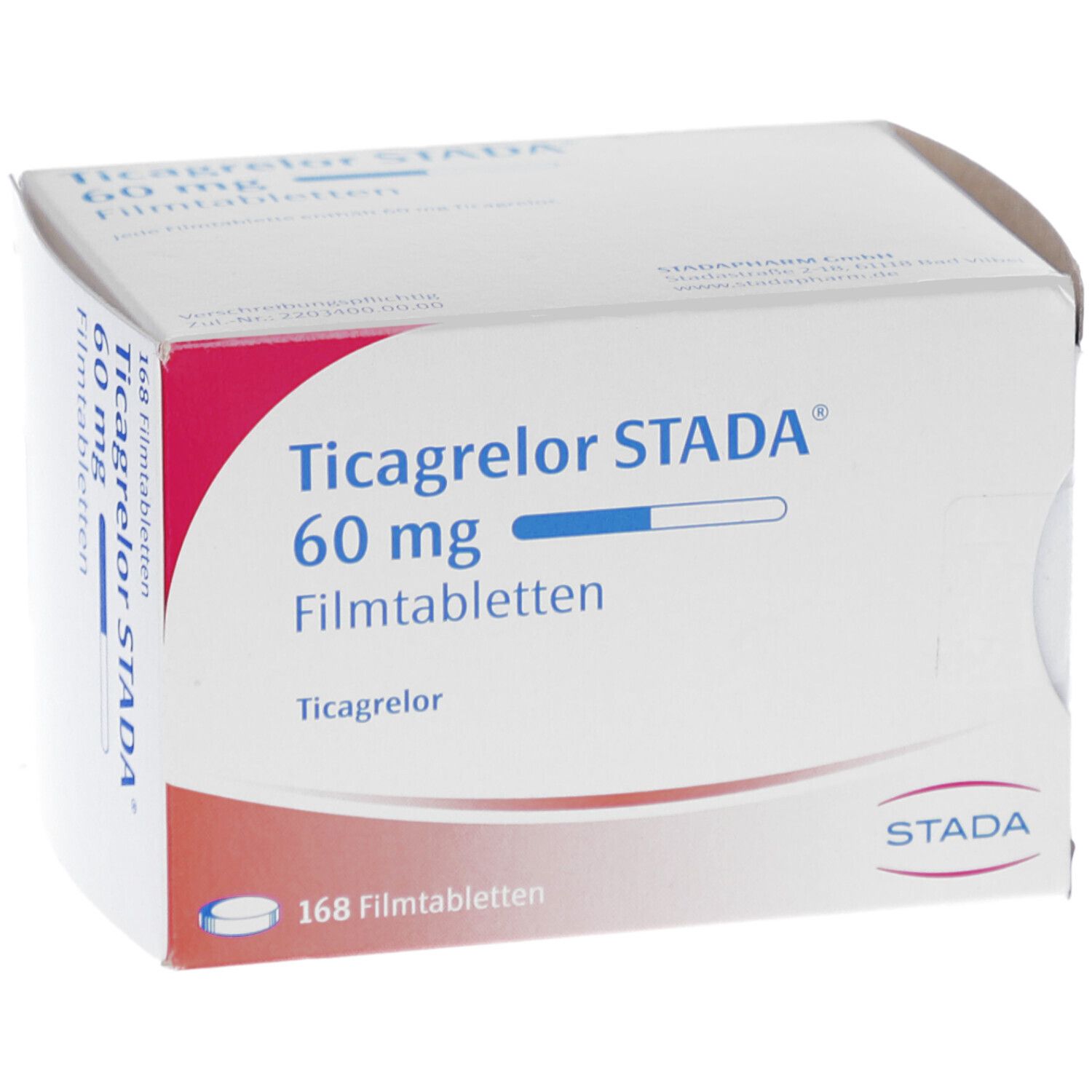Schachtel mit Ticagrelor STADA 60 mg Filmtabletten. Aufdruck: 168 Filmtabletten. Logo STADA.